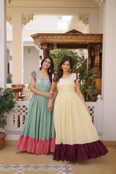 cream Polished Off Cotton Embroidered Traditional Indian Gown for Women