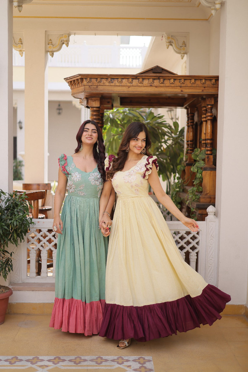 cream Stunning Cotton Embroidered Traditional Indian Gown for Women