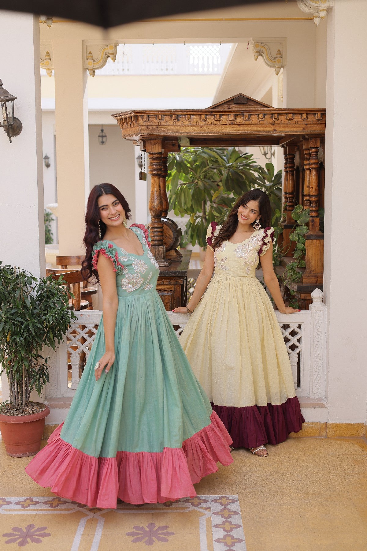 cream Stunning Cotton Embroidered Traditional Indian Gown for Women