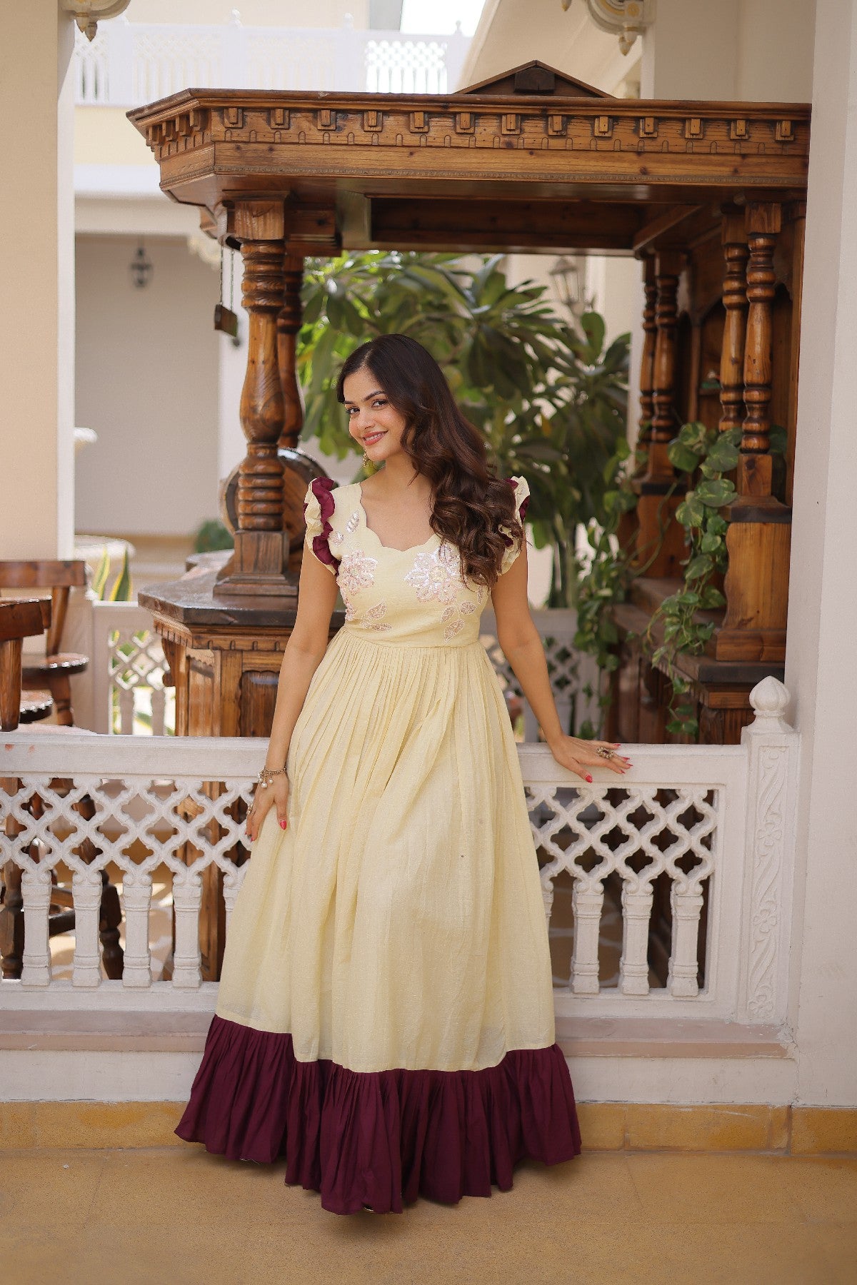 cream Stunning Cotton Embroidered Traditional Indian Gown for Women
