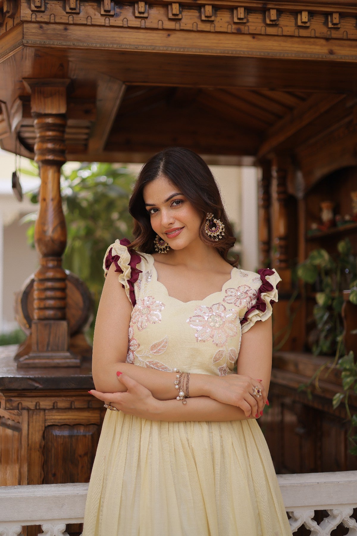 cream Stunning Cotton Embroidered Traditional Indian Gown for Women
