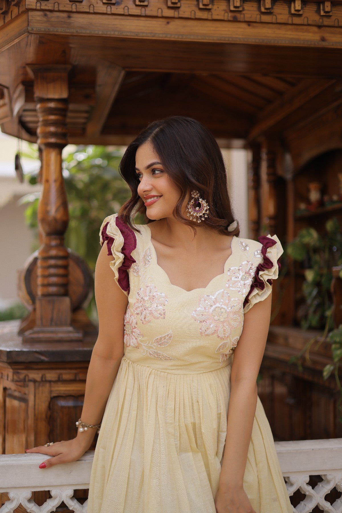 cream Stunning Cotton Embroidered Traditional Indian Gown for Women