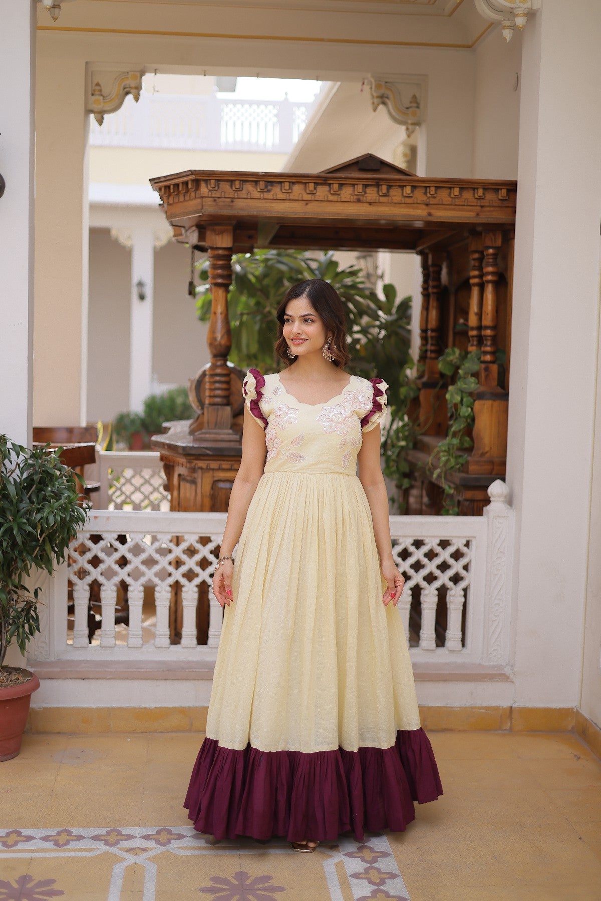 cream Stunning Cotton Embroidered Traditional Indian Gown for Women
