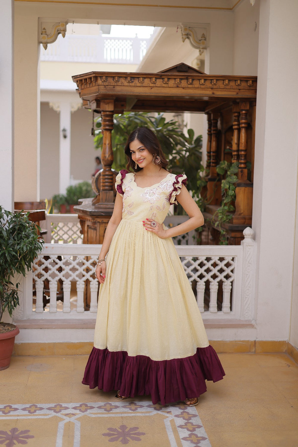cream Stunning Cotton Embroidered Traditional Indian Gown for Women