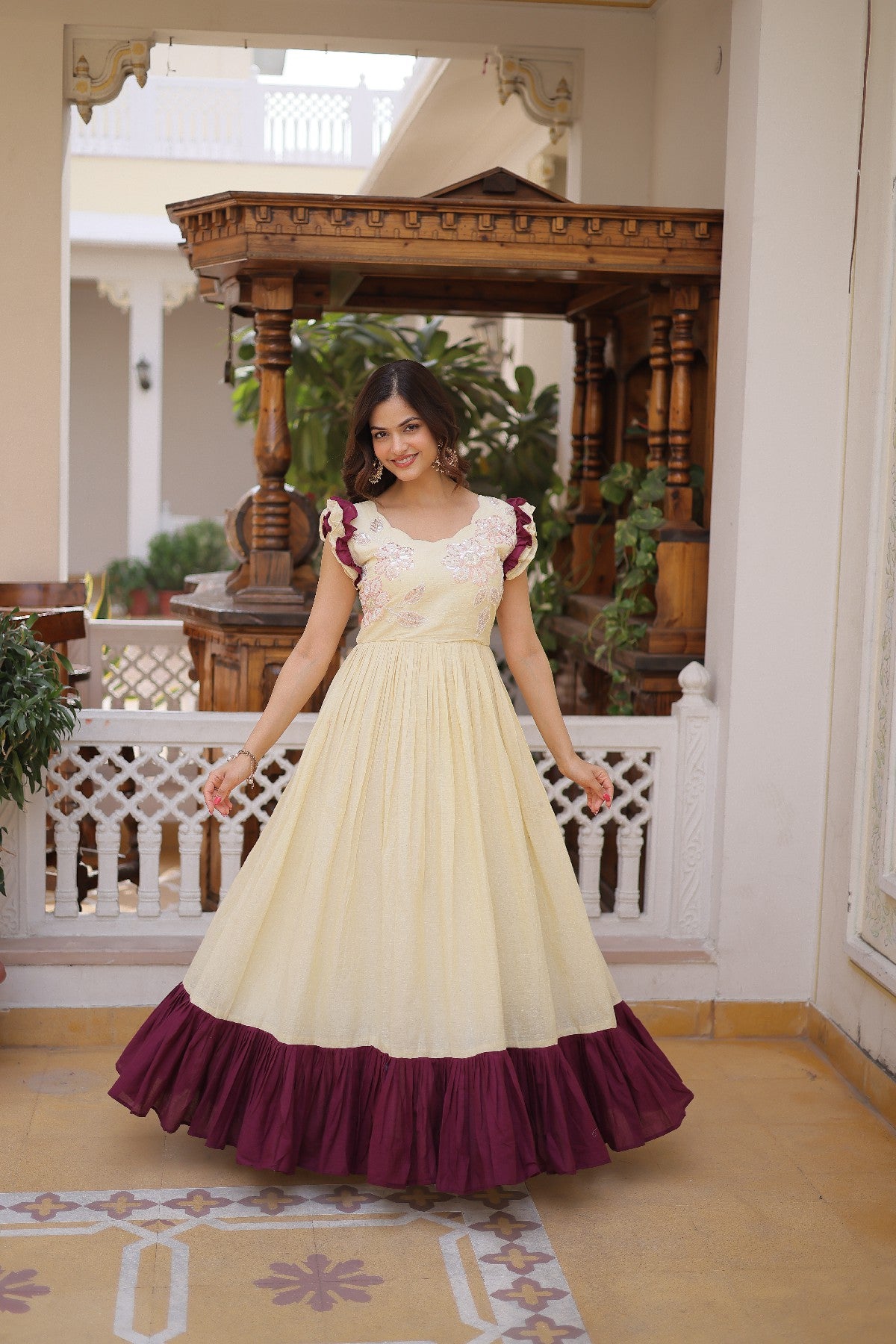 cream Stunning Cotton Embroidered Traditional Indian Gown for Women