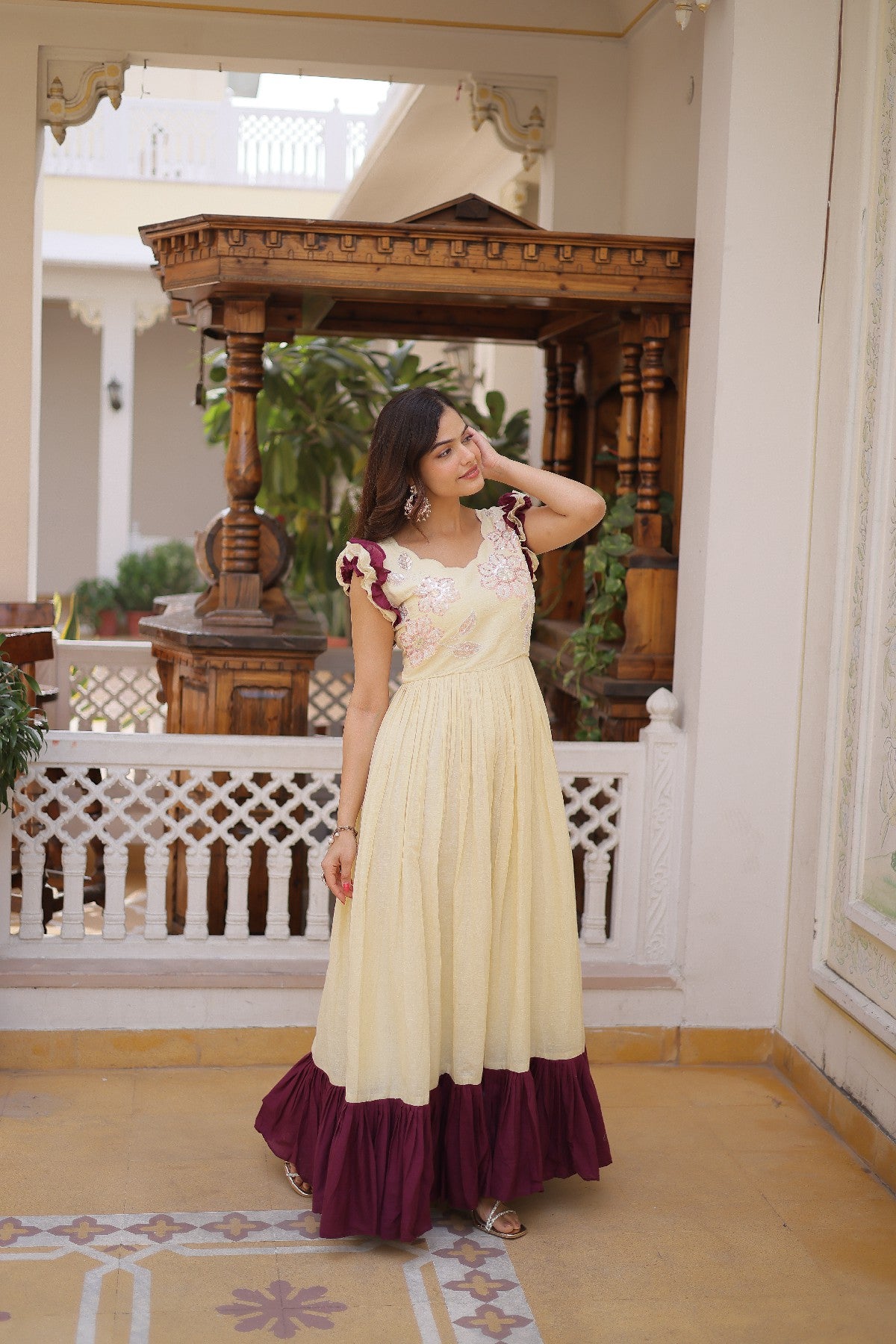 cream Stunning Cotton Embroidered Traditional Indian Gown for Women