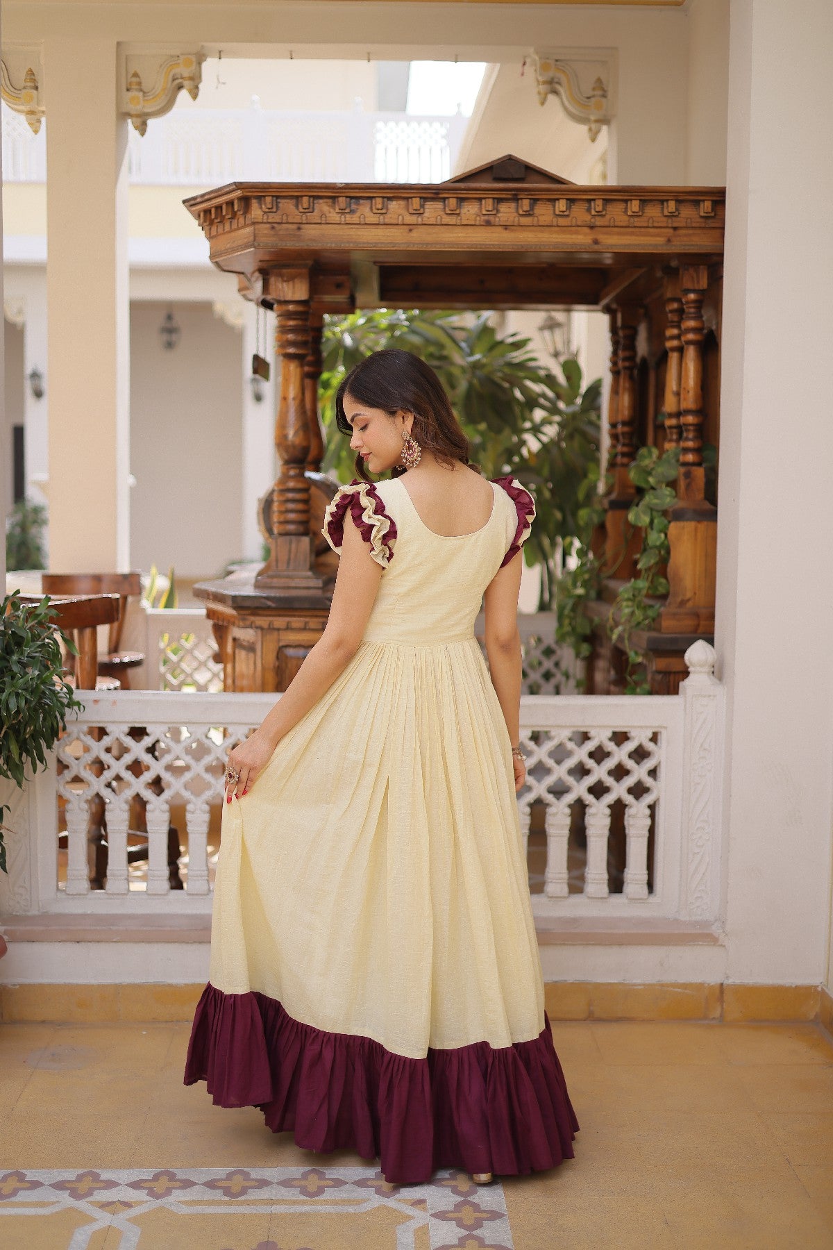 cream Stunning Cotton Embroidered Traditional Indian Gown for Women