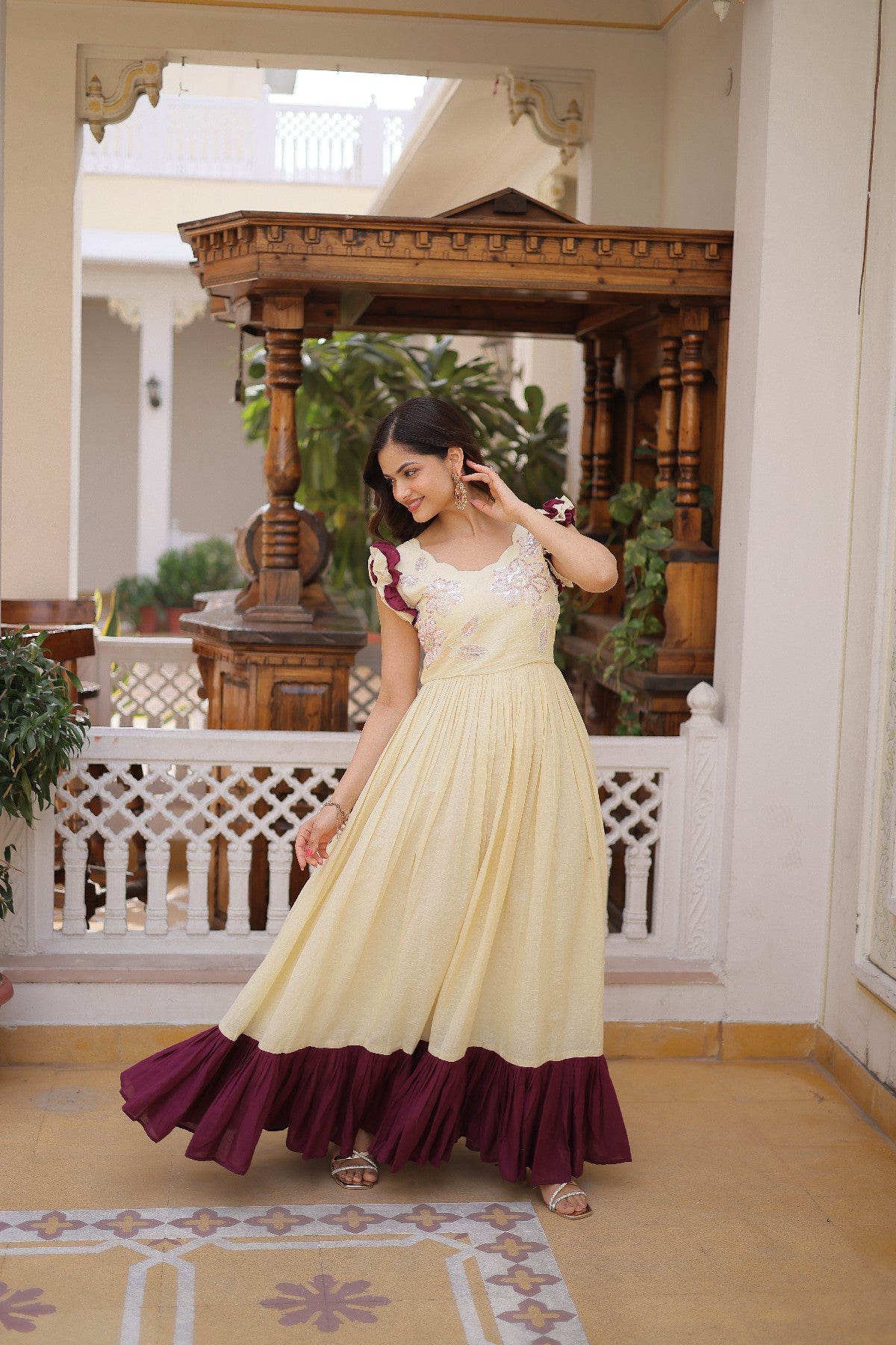cream Stunning Cotton Embroidered Traditional Indian Gown for Women