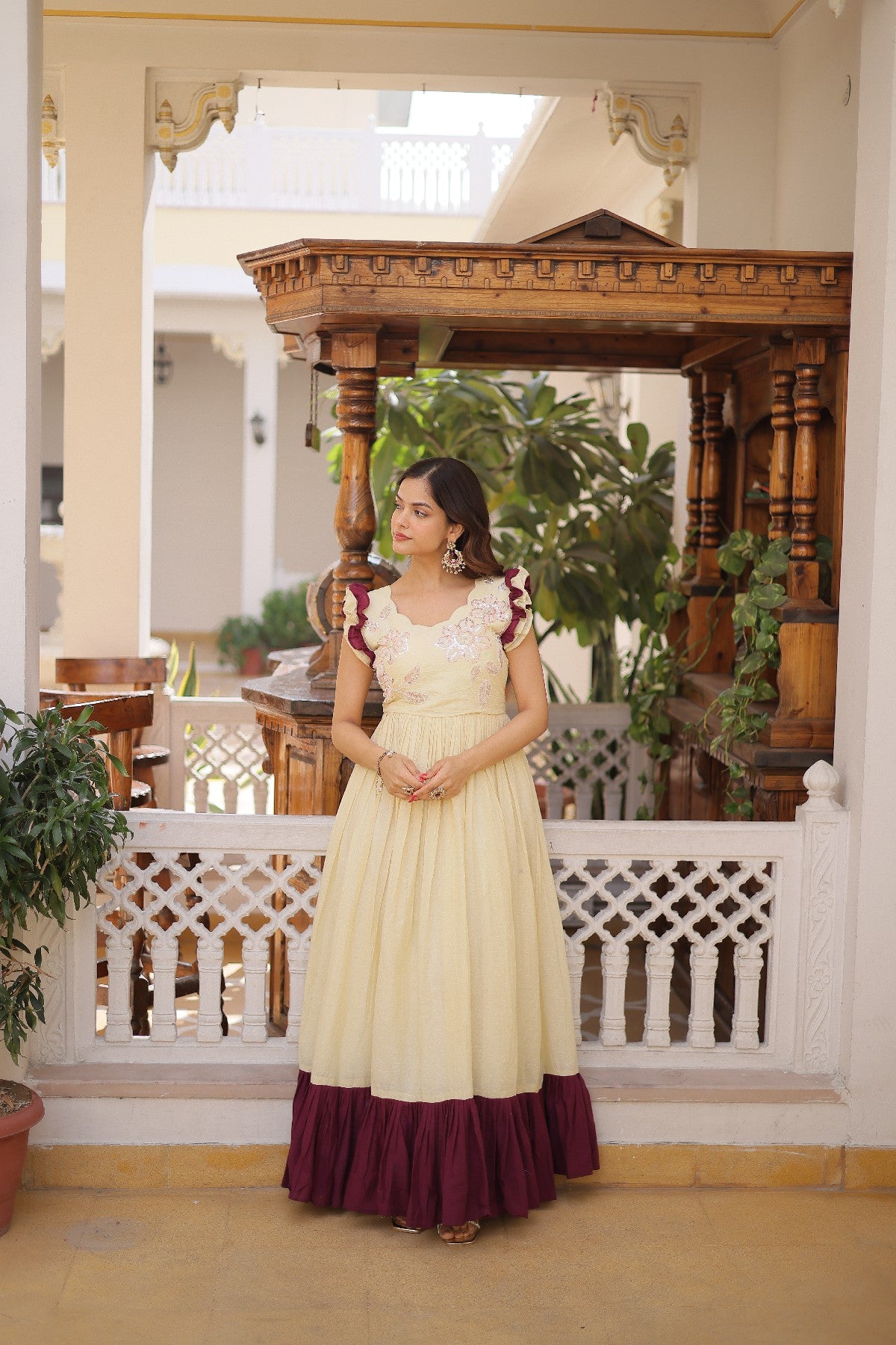 cream Stunning Cotton Embroidered Traditional Indian Gown for Women