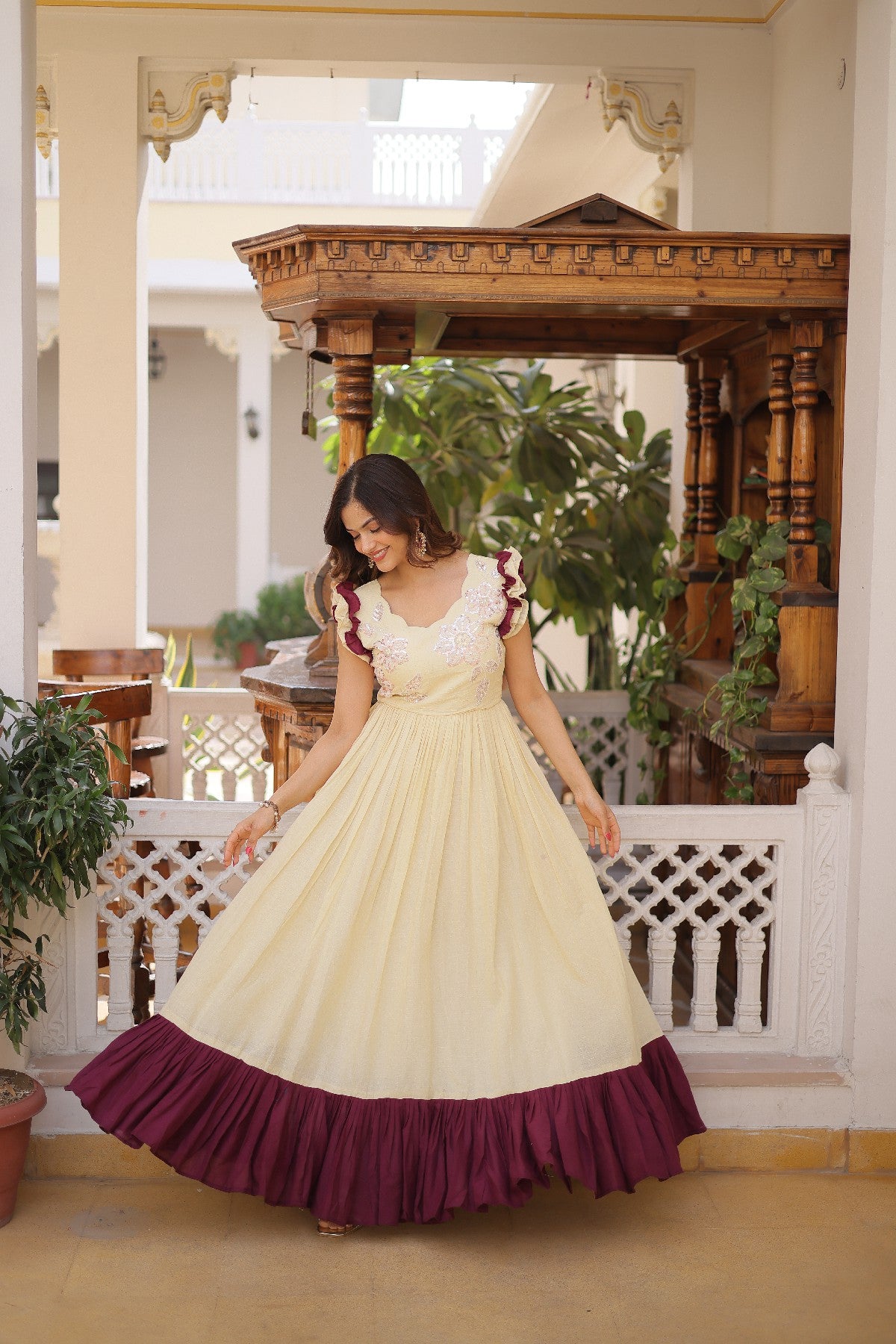 cream Stunning Cotton Embroidered Traditional Indian Gown for Women