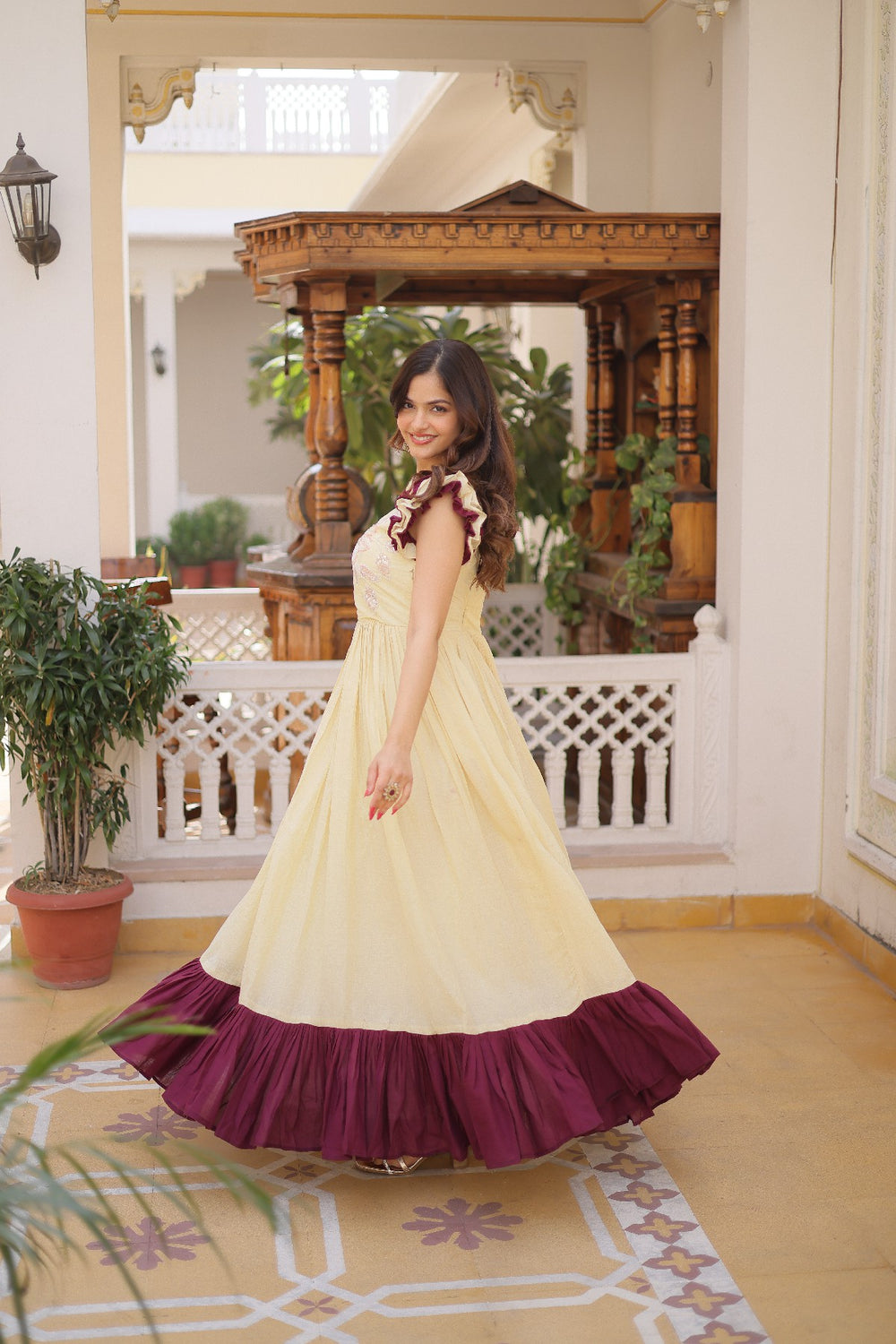 cream Stunning Cotton Embroidered Traditional Indian Gown for Women