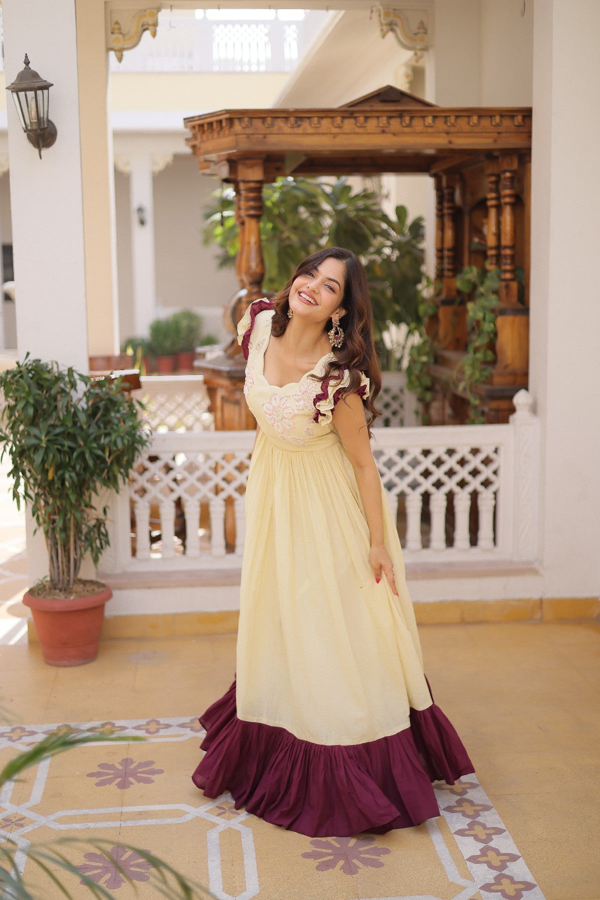 cream Stunning Cotton Embroidered Traditional Indian Gown for Women