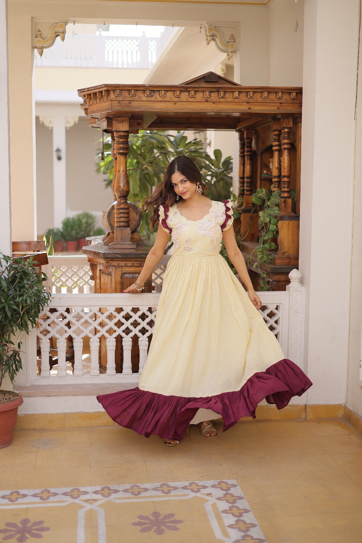cream Stunning Cotton Embroidered Traditional Indian Gown for Women