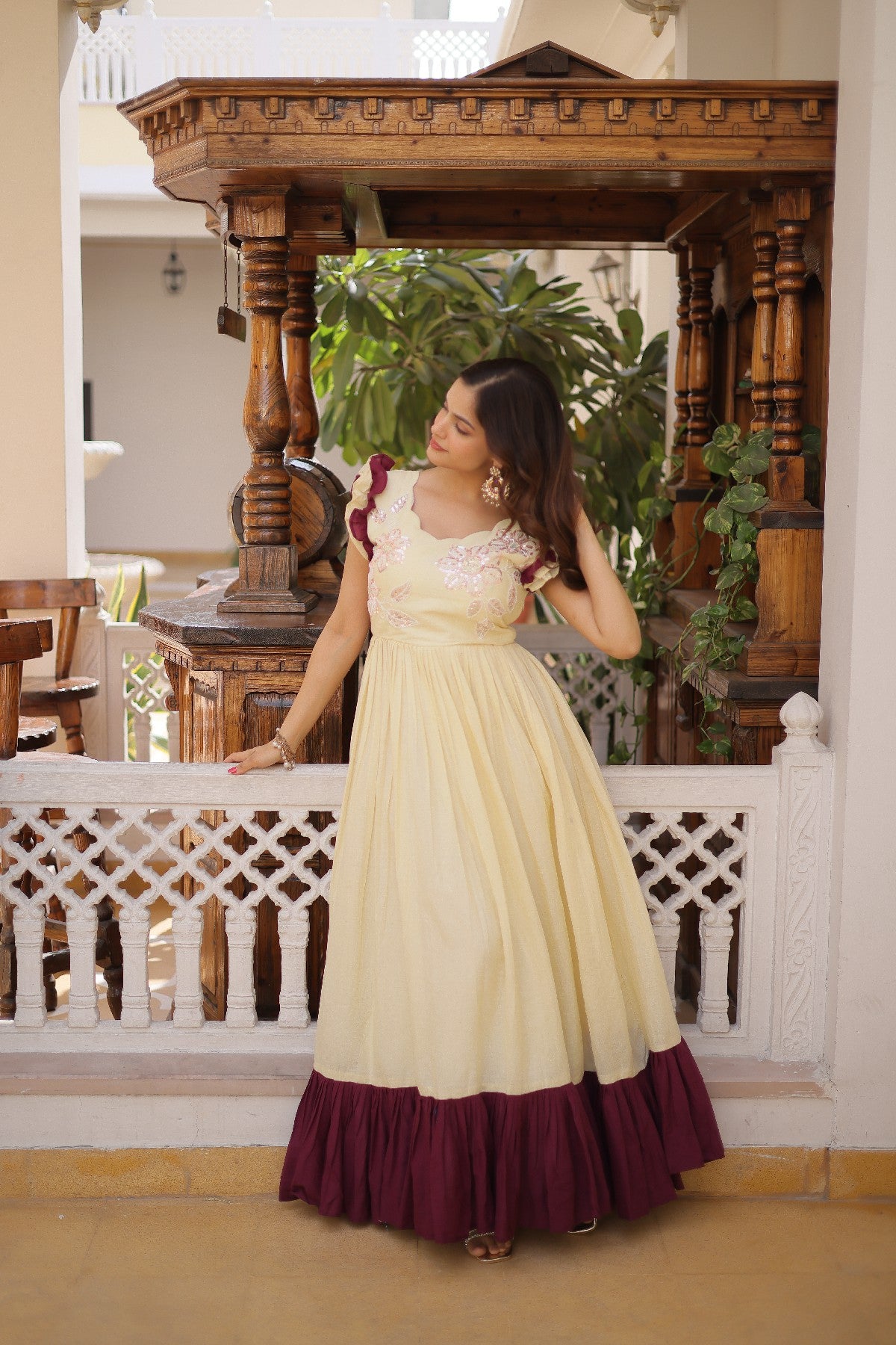 cream Stunning Cotton Embroidered Traditional Indian Gown for Women