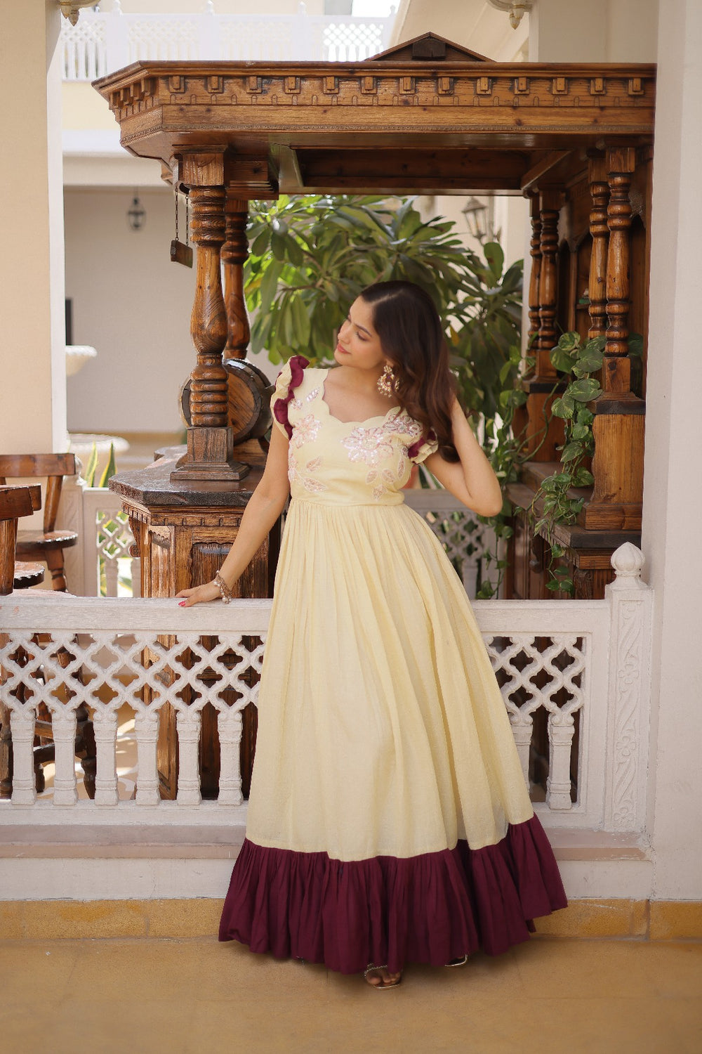 cream Stunning Cotton Embroidered Traditional Indian Gown for Women