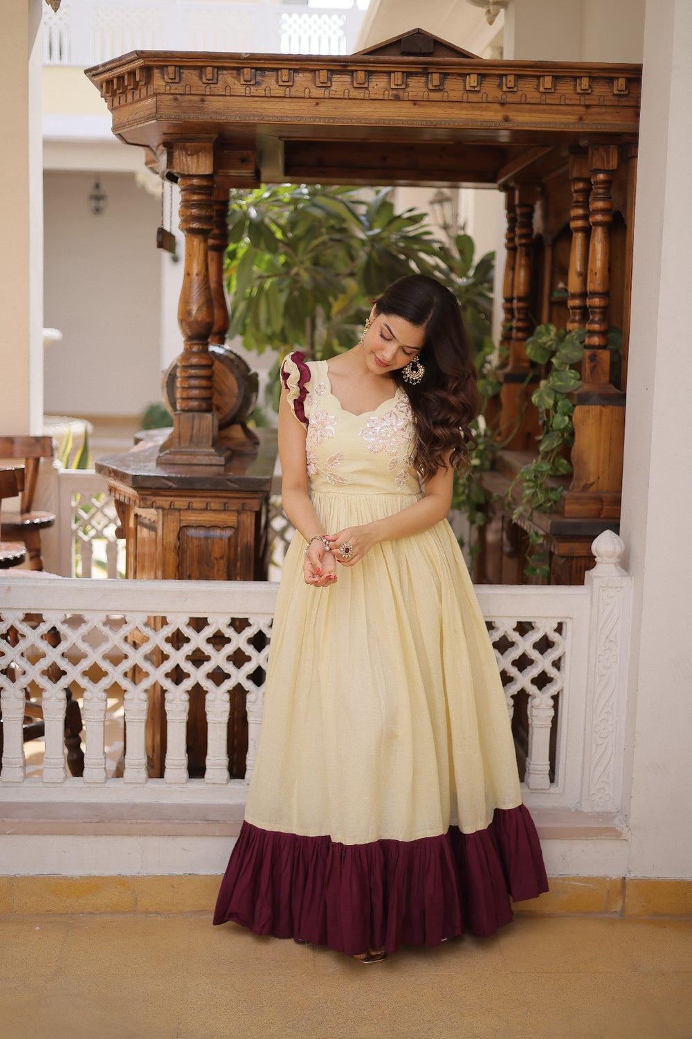cream Stunning Cotton Embroidered Traditional Indian Gown for Women
