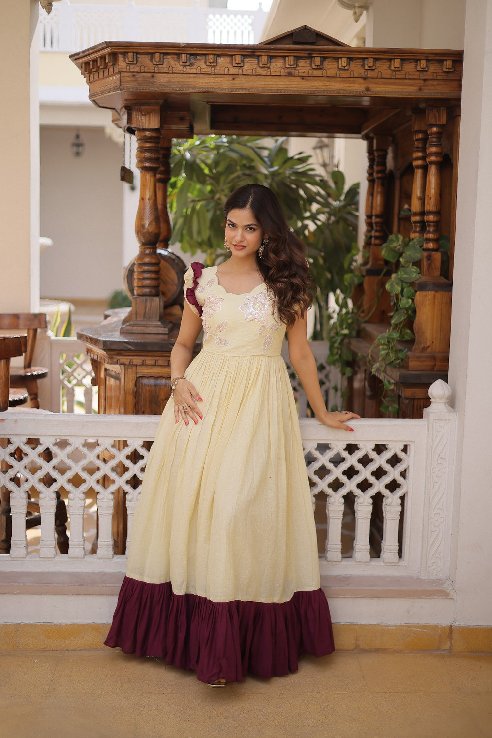 cream Stunning Cotton Embroidered Traditional Indian Gown for Women