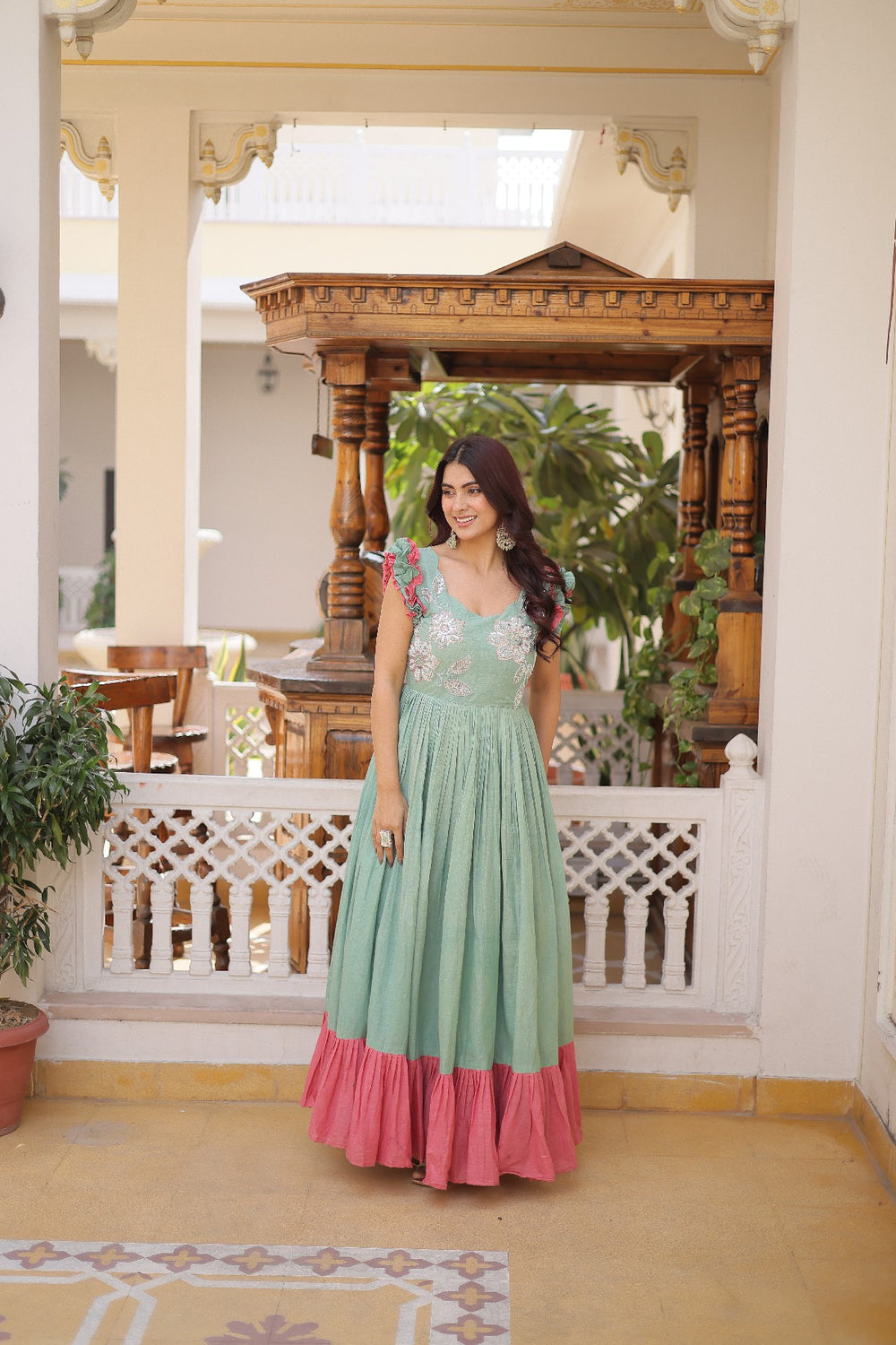 cream Stunning Cotton Embroidered Traditional Indian Gown for Women
