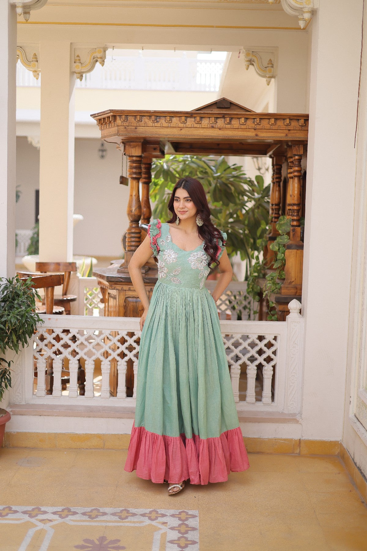 cream Stunning Cotton Embroidered Traditional Indian Gown for Women