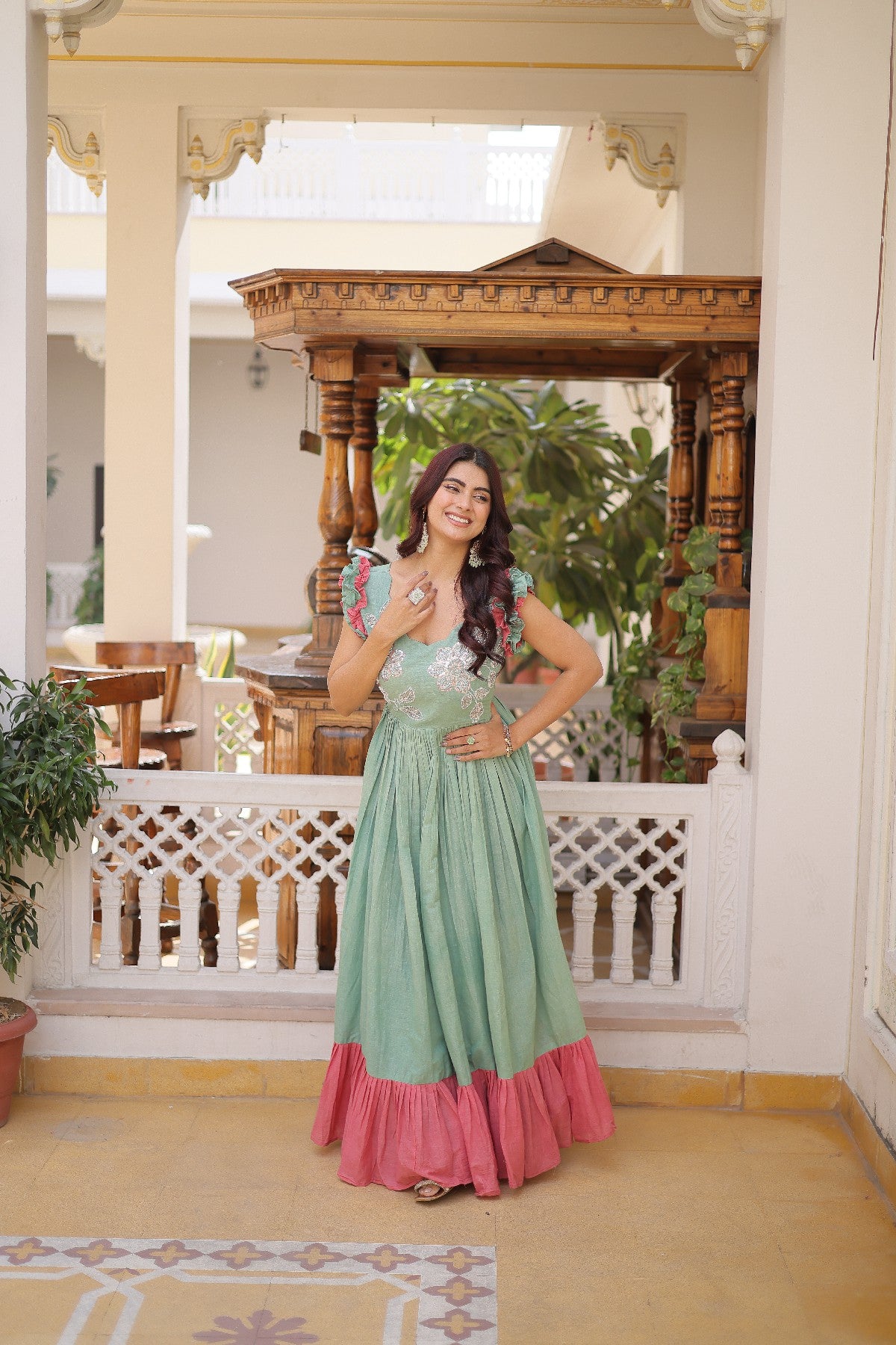 cream Stunning Cotton Embroidered Traditional Indian Gown for Women