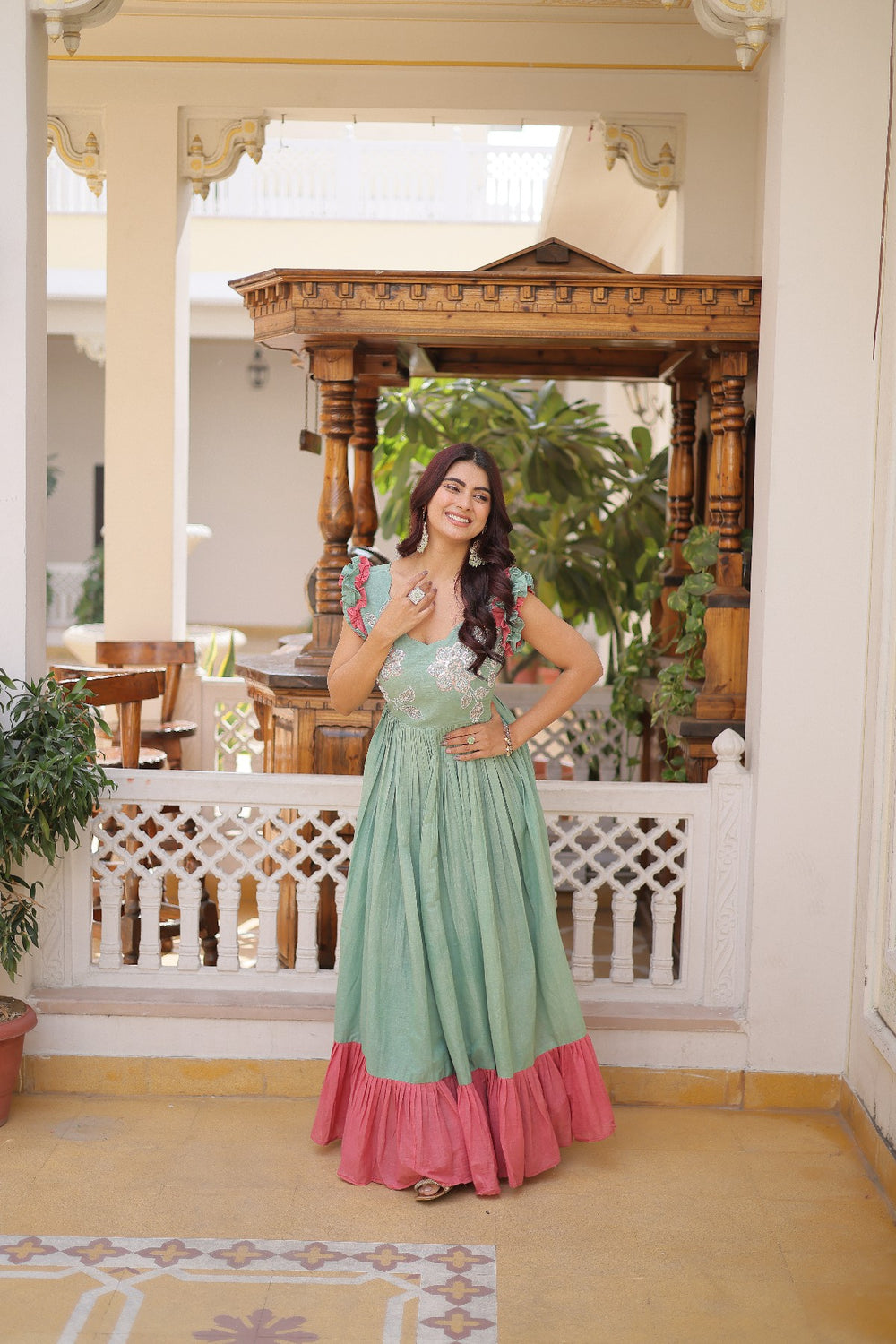 cream Stunning Cotton Embroidered Traditional Indian Gown for Women