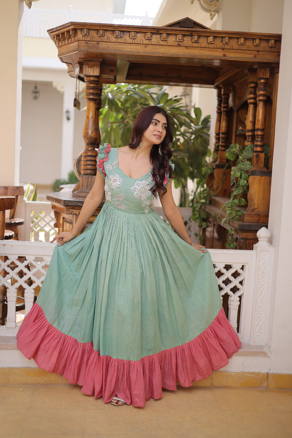 cream Stunning Cotton Embroidered Traditional Indian Gown for Women