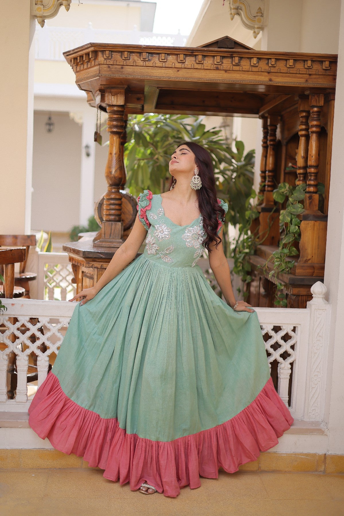cream Stunning Cotton Embroidered Traditional Indian Gown for Women