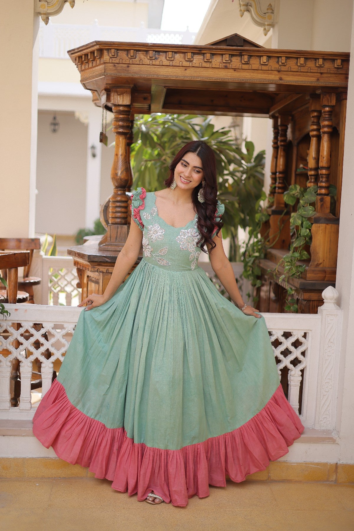 cream Stunning Cotton Embroidered Traditional Indian Gown for Women