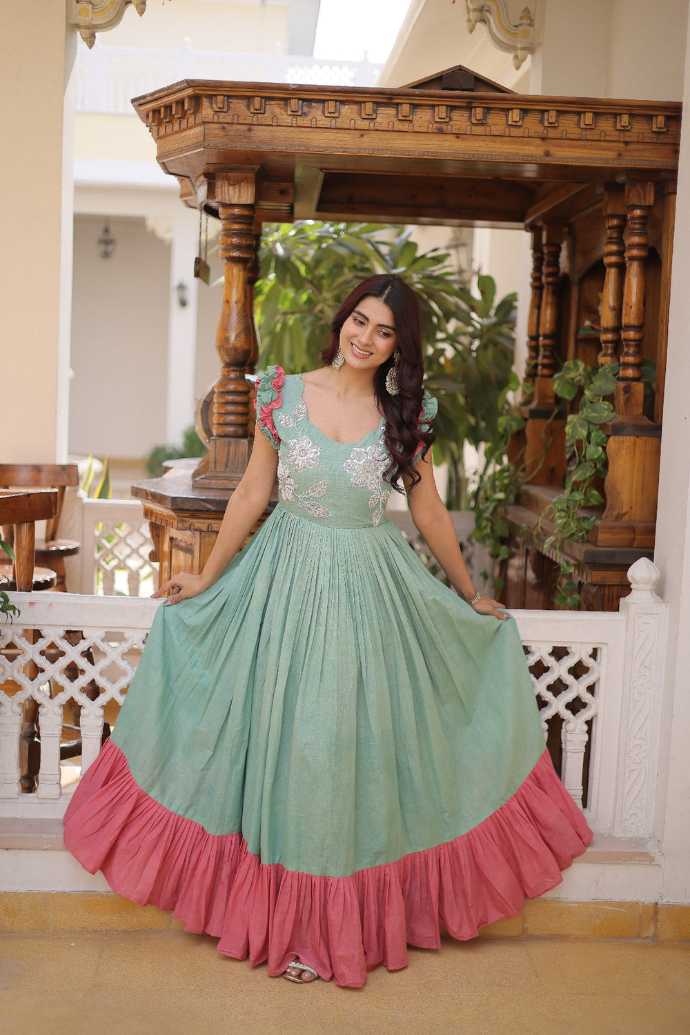 cream Stunning Cotton Embroidered Traditional Indian Gown for Women