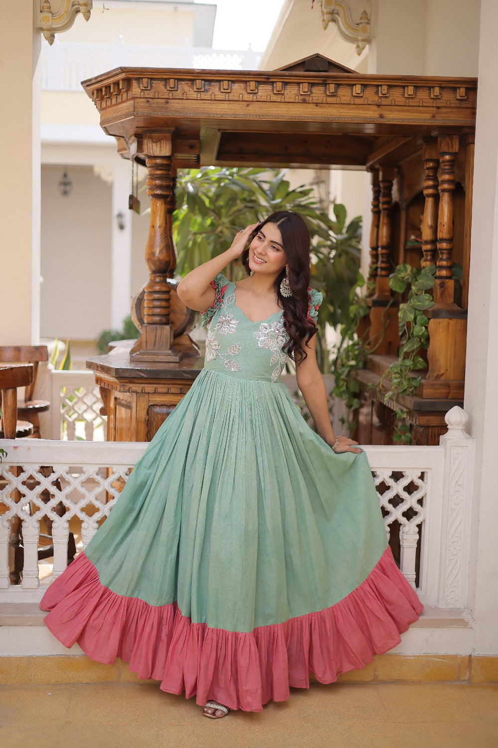 cream Stunning Cotton Embroidered Traditional Indian Gown for Women