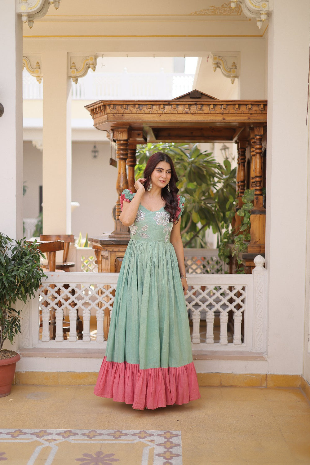 cream Stunning Cotton Embroidered Traditional Indian Gown for Women
