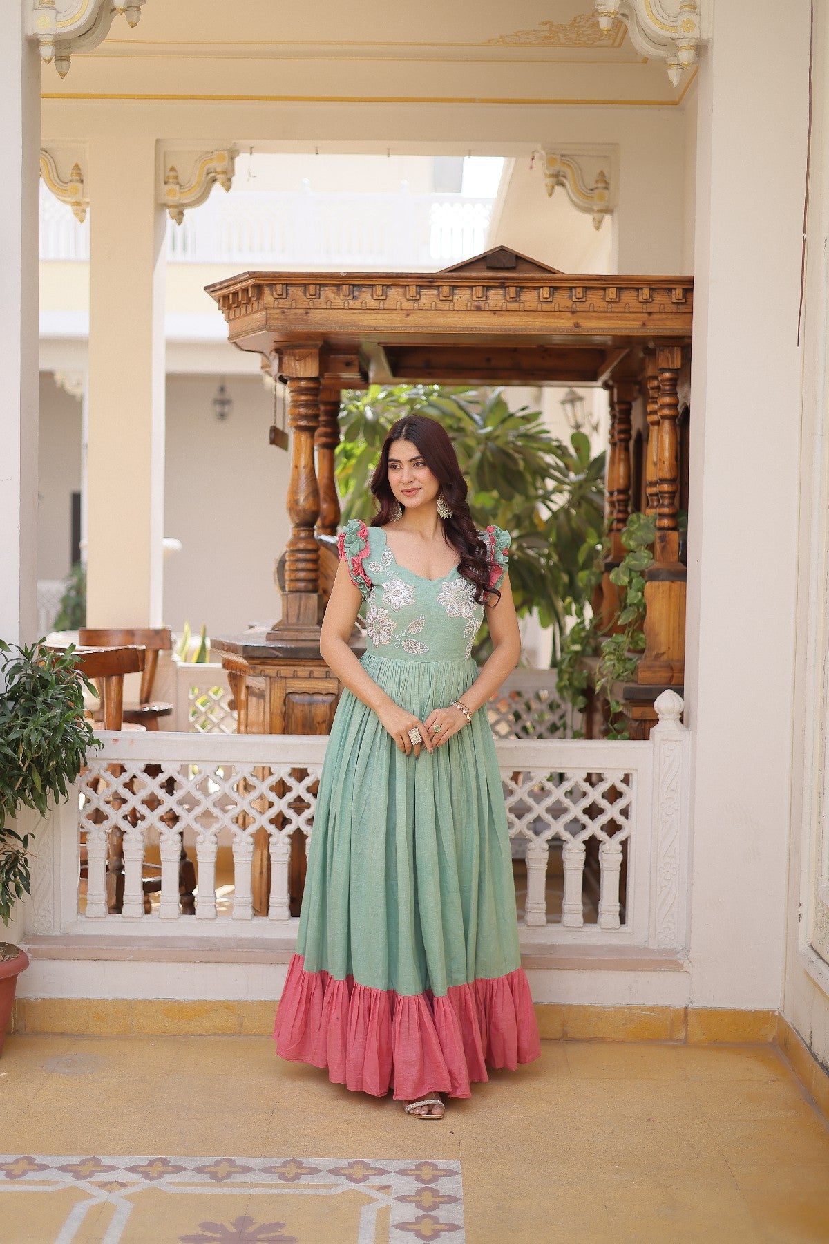 cream Stunning Cotton Embroidered Traditional Indian Gown for Women