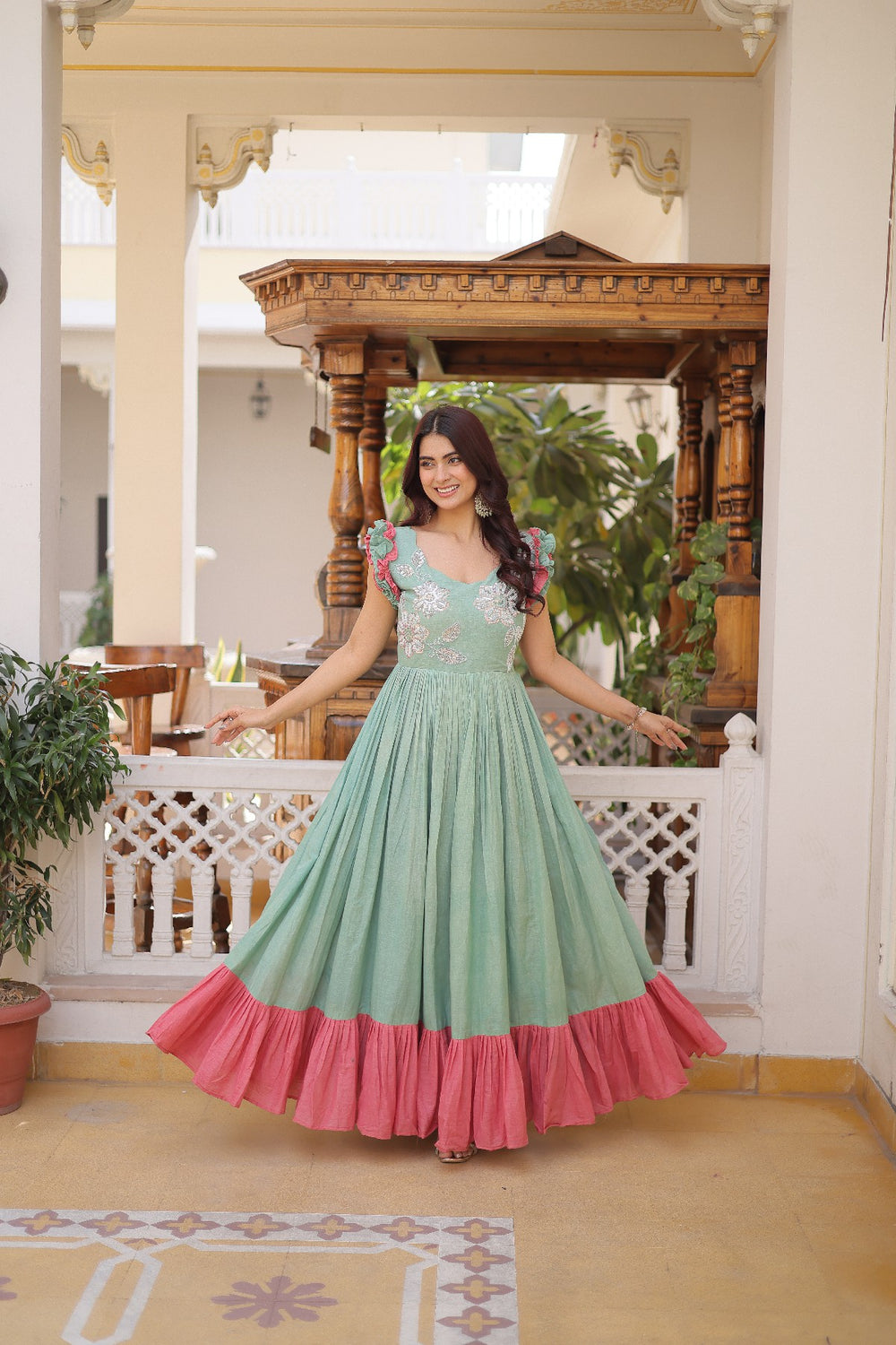 cream Stunning Cotton Embroidered Traditional Indian Gown for Women