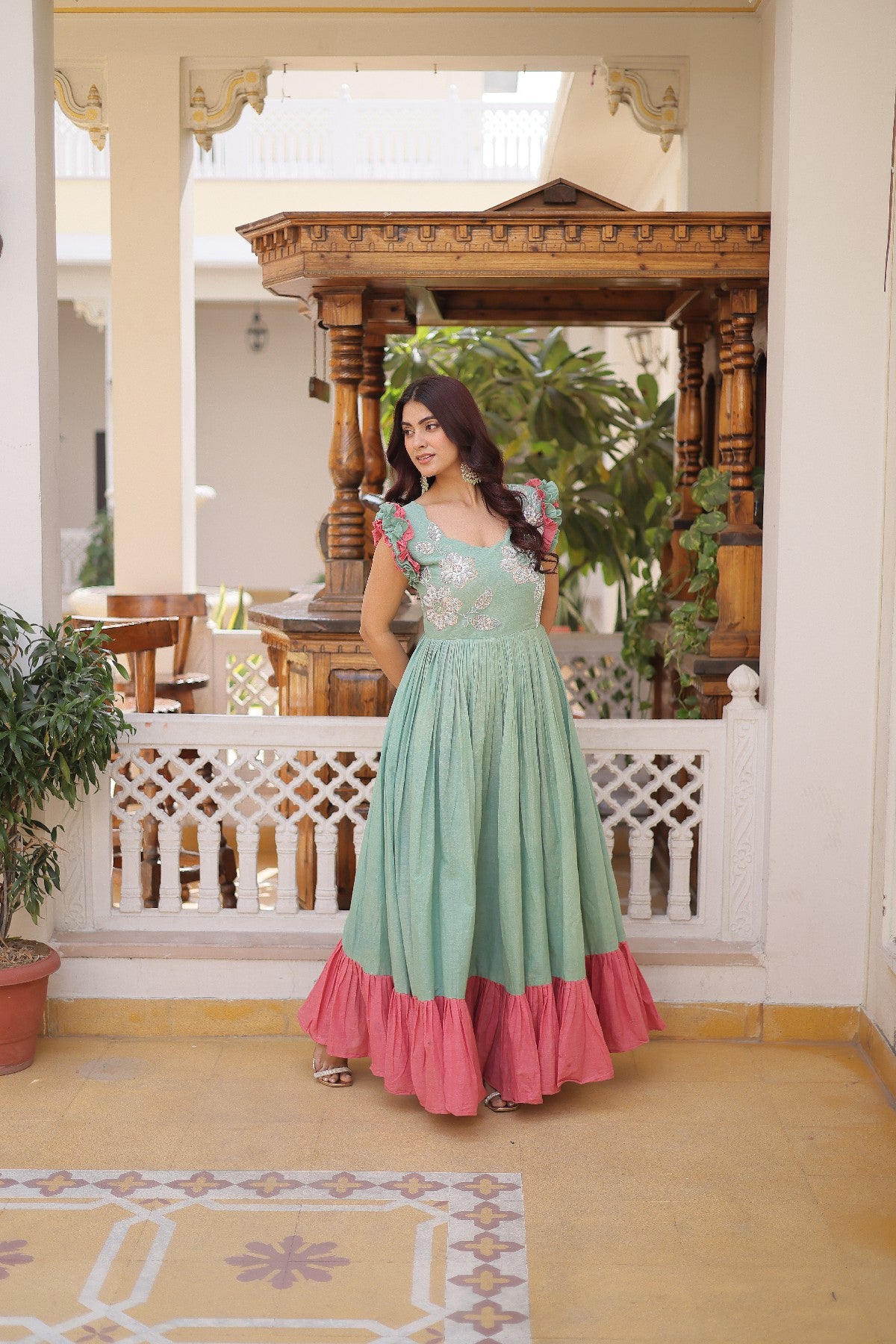 cream Stunning Cotton Embroidered Traditional Indian Gown for Women