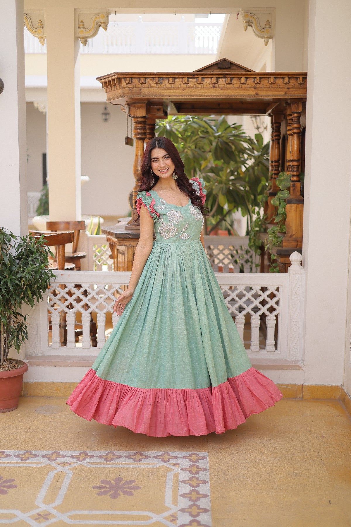 cream Stunning Cotton Embroidered Traditional Indian Gown for Women