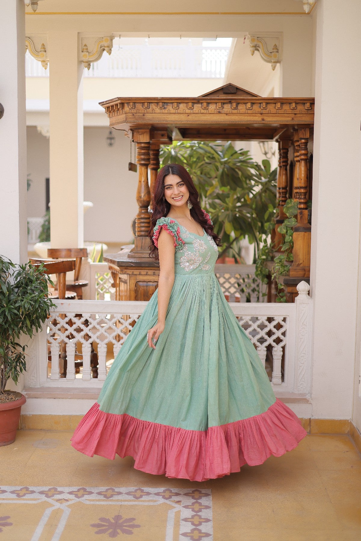 cream Stunning Cotton Embroidered Traditional Indian Gown for Women