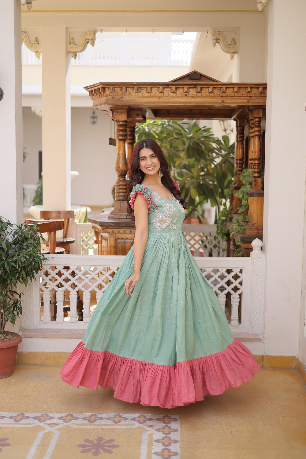 cream Stunning Cotton Embroidered Traditional Indian Gown for Women