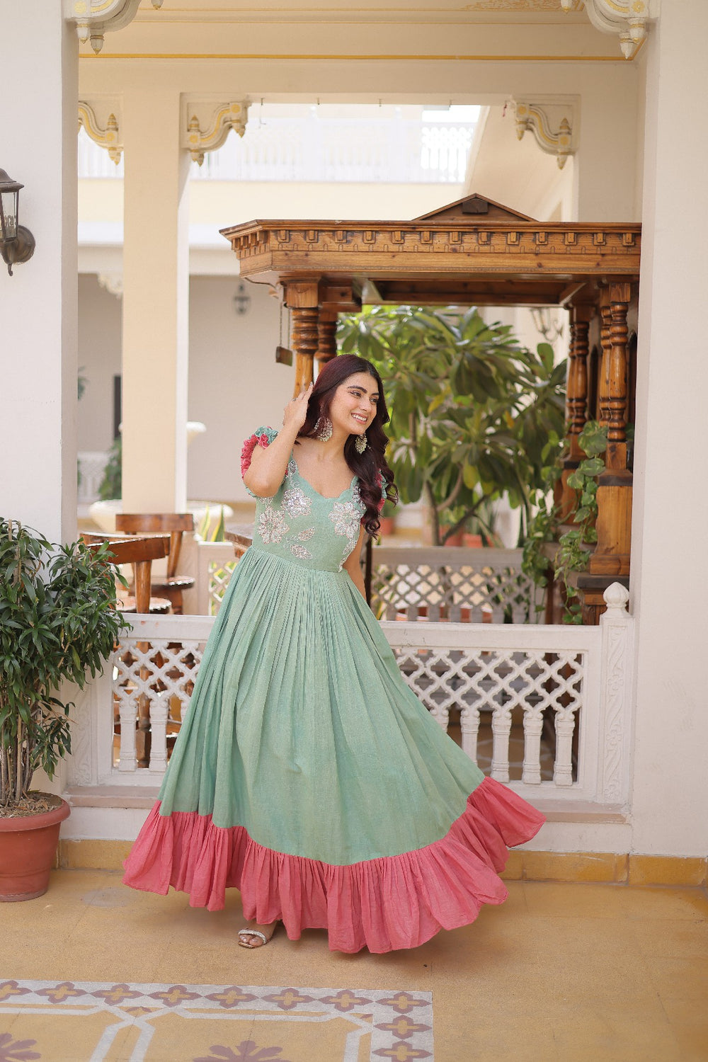 cream Stunning Cotton Embroidered Traditional Indian Gown for Women