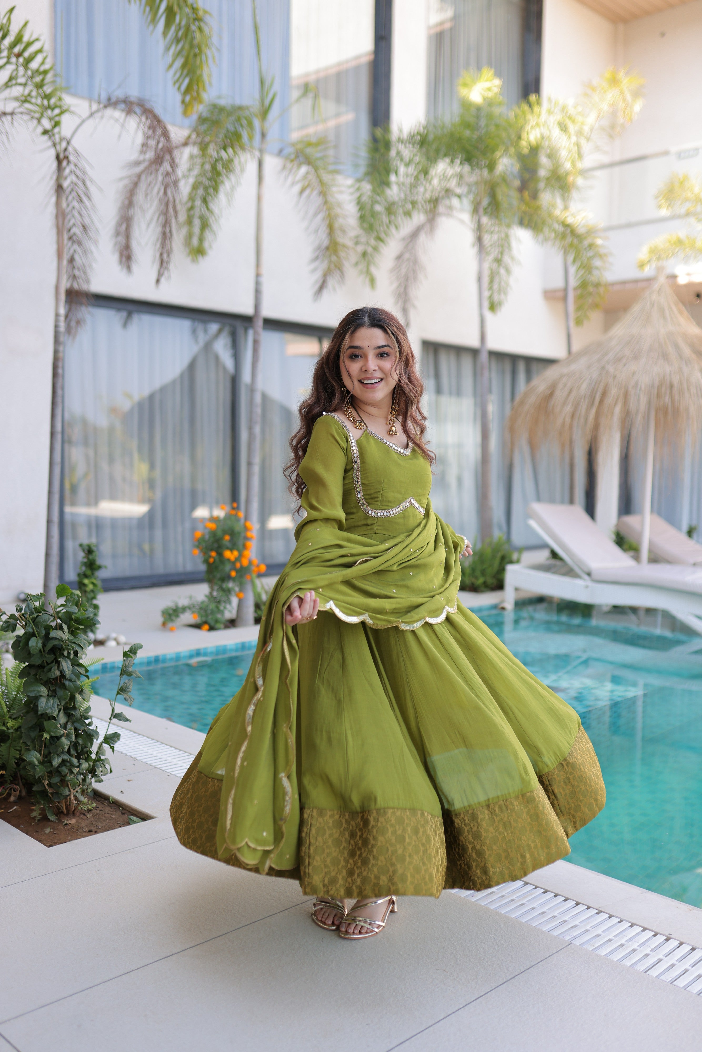 Chanderi Lace Work Mehendi Anarkali Suit With Pant