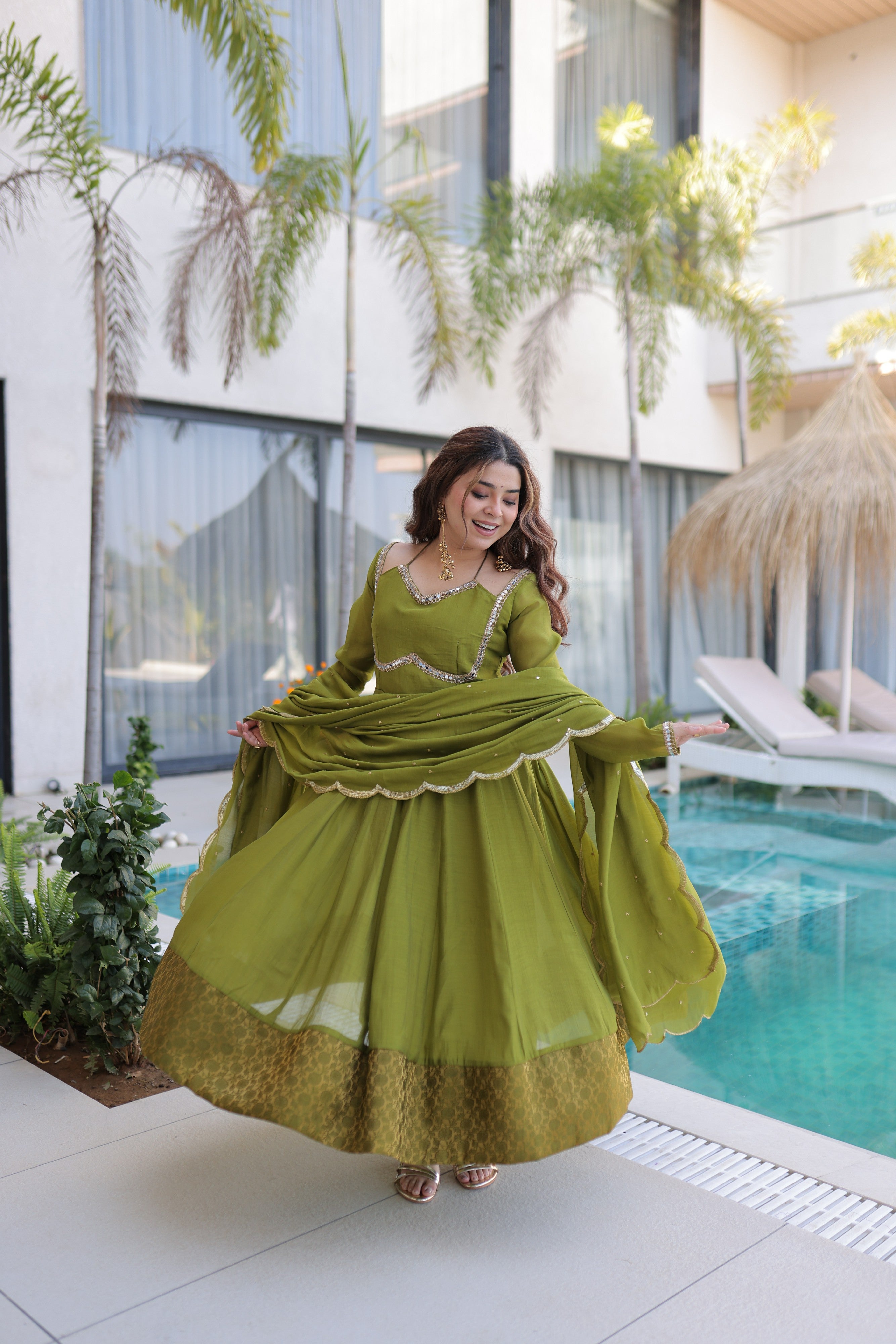 Chanderi Lace Work Mehendi Anarkali Suit With Pant