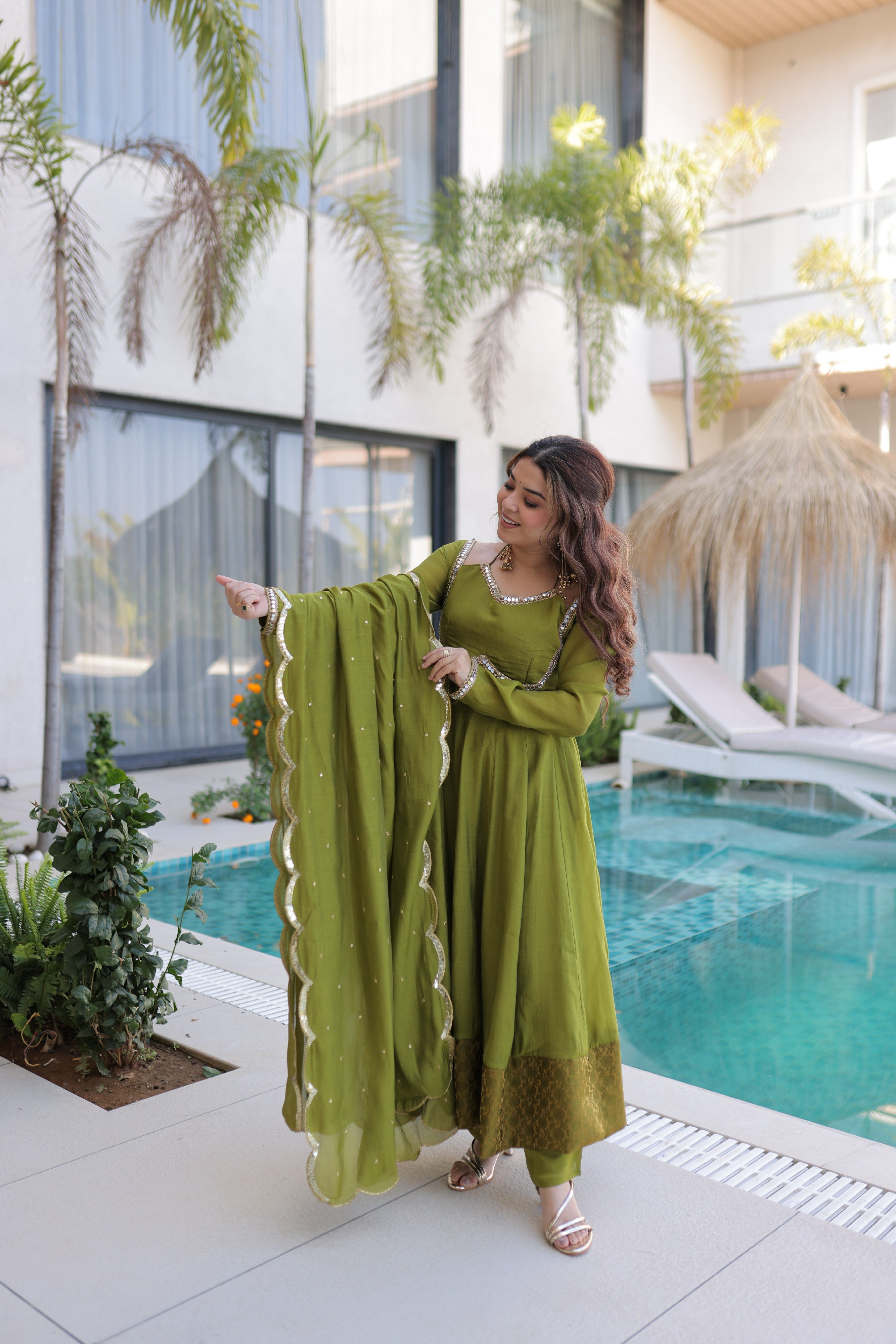 Chanderi Lace Work Mehendi Anarkali Suit With Pant