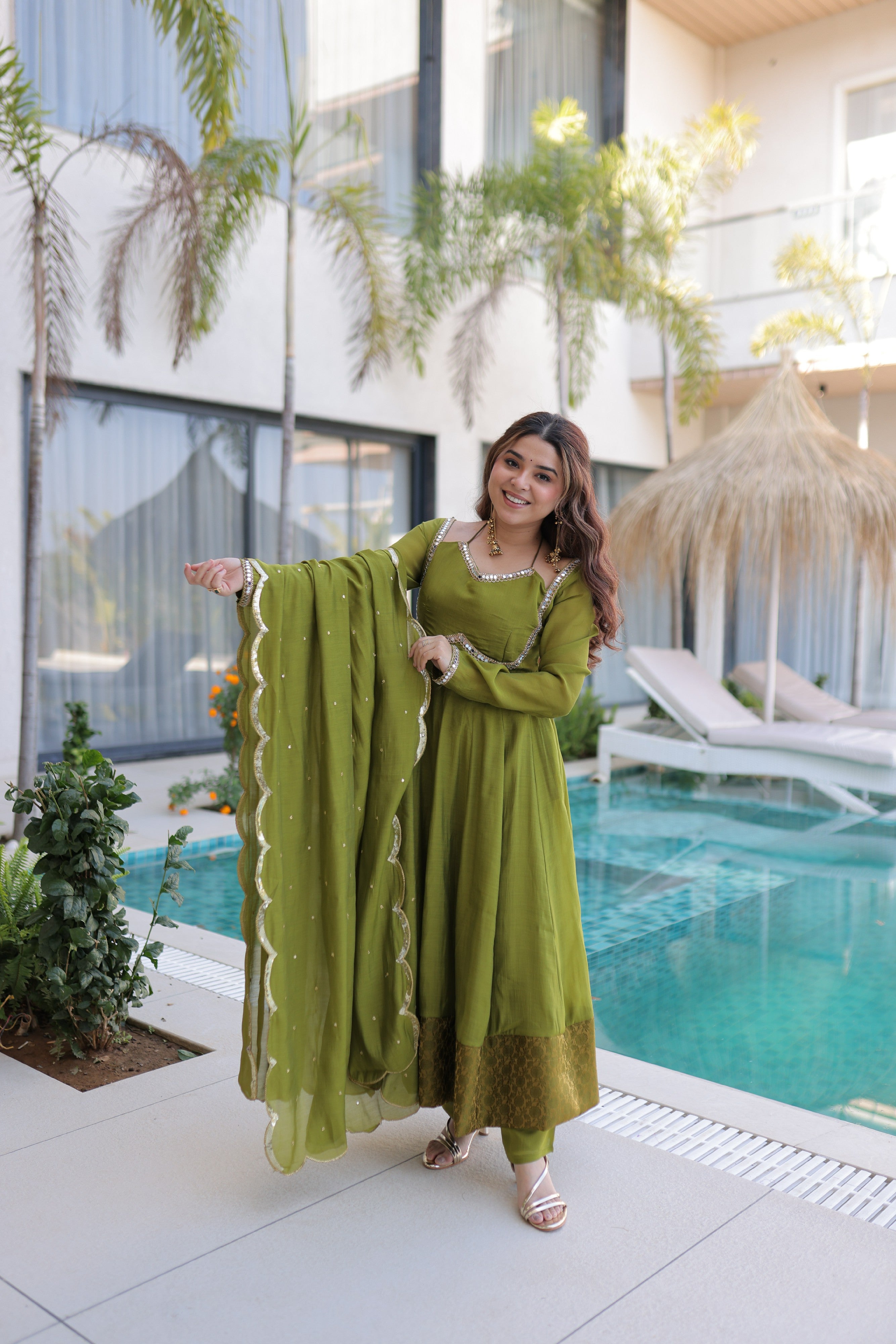 Chanderi Lace Work Mehendi Anarkali Suit With Pant