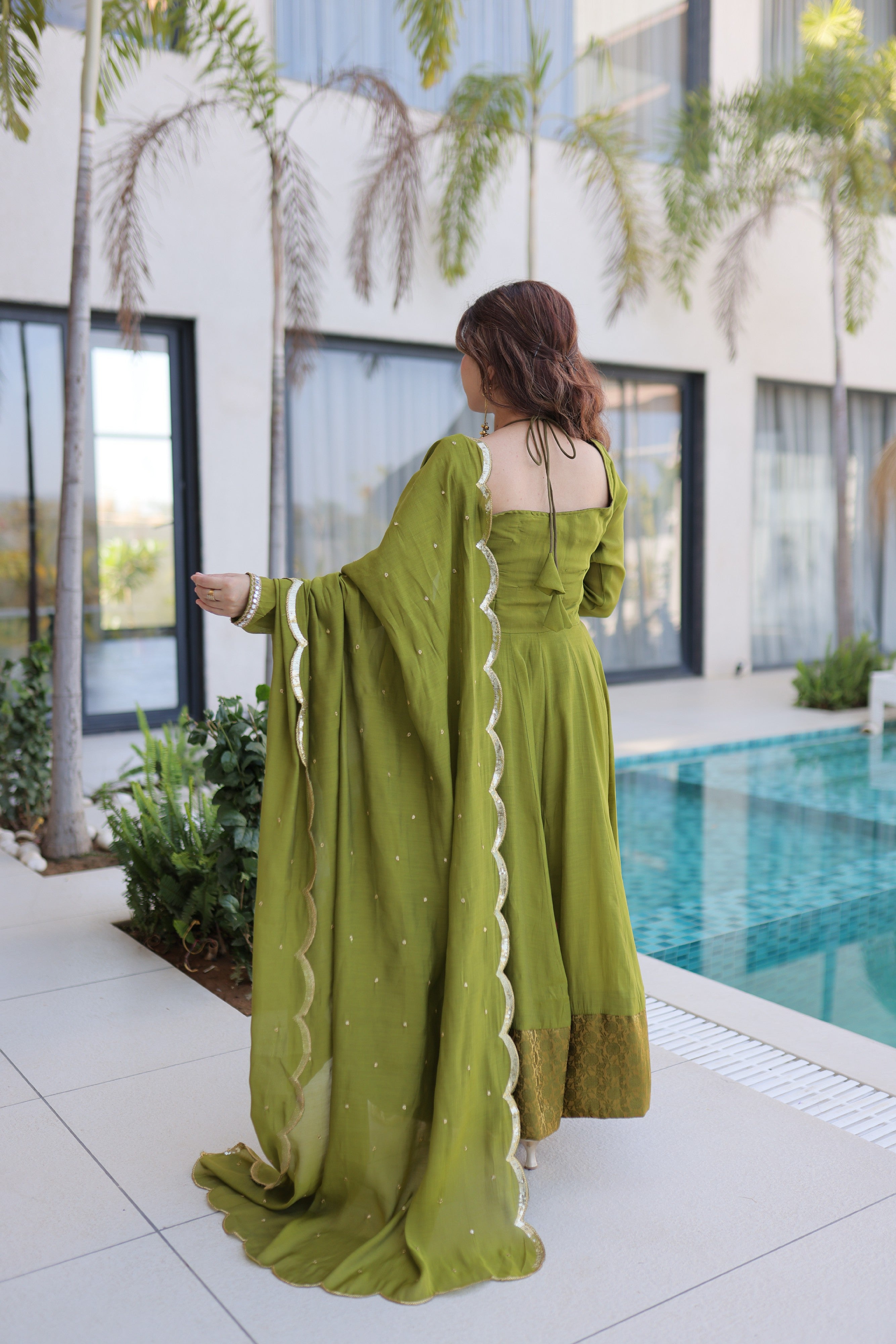 Chanderi Lace Work Mehendi Anarkali Suit With Pant