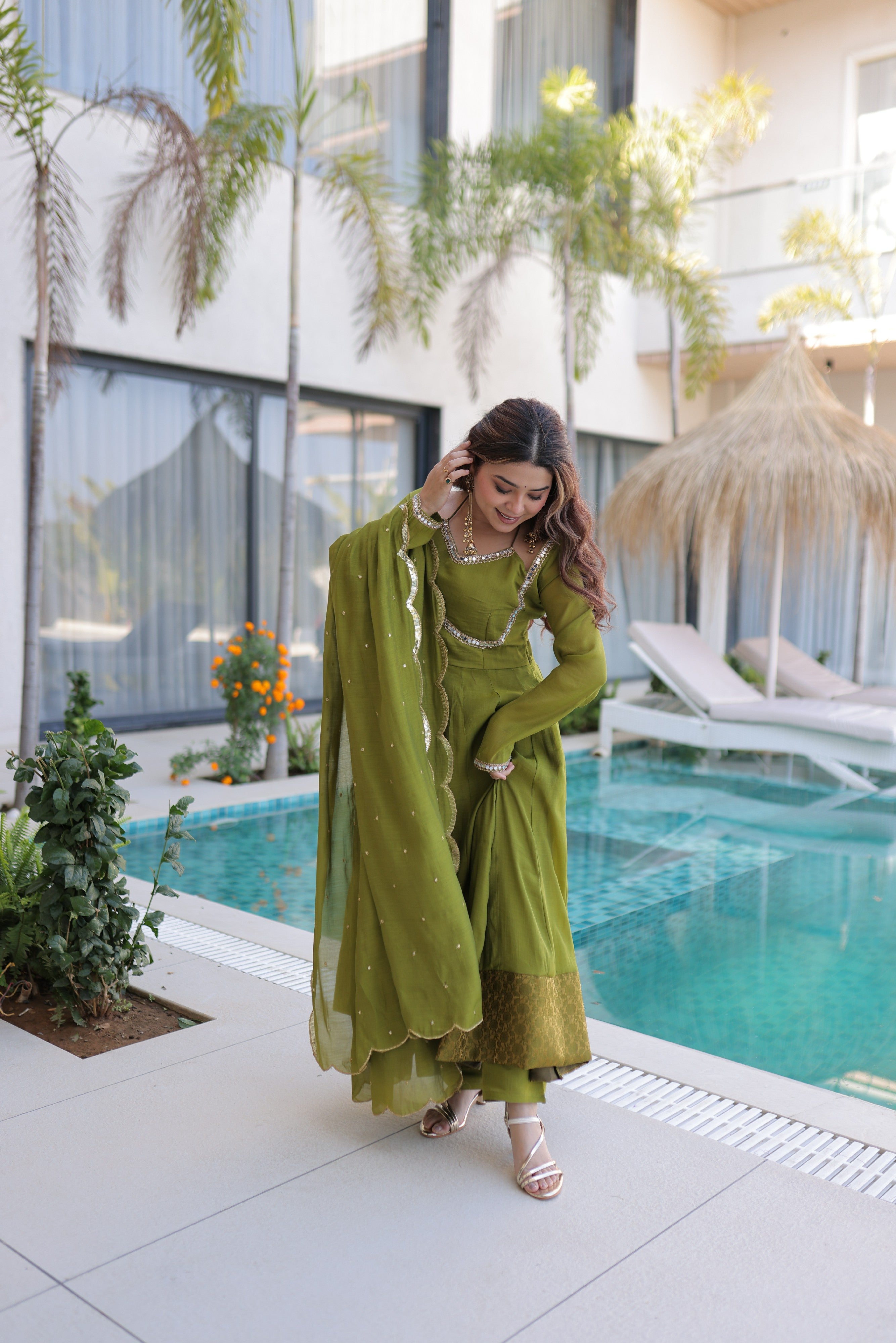 Chanderi Lace Work Mehendi Anarkali Suit With Pant