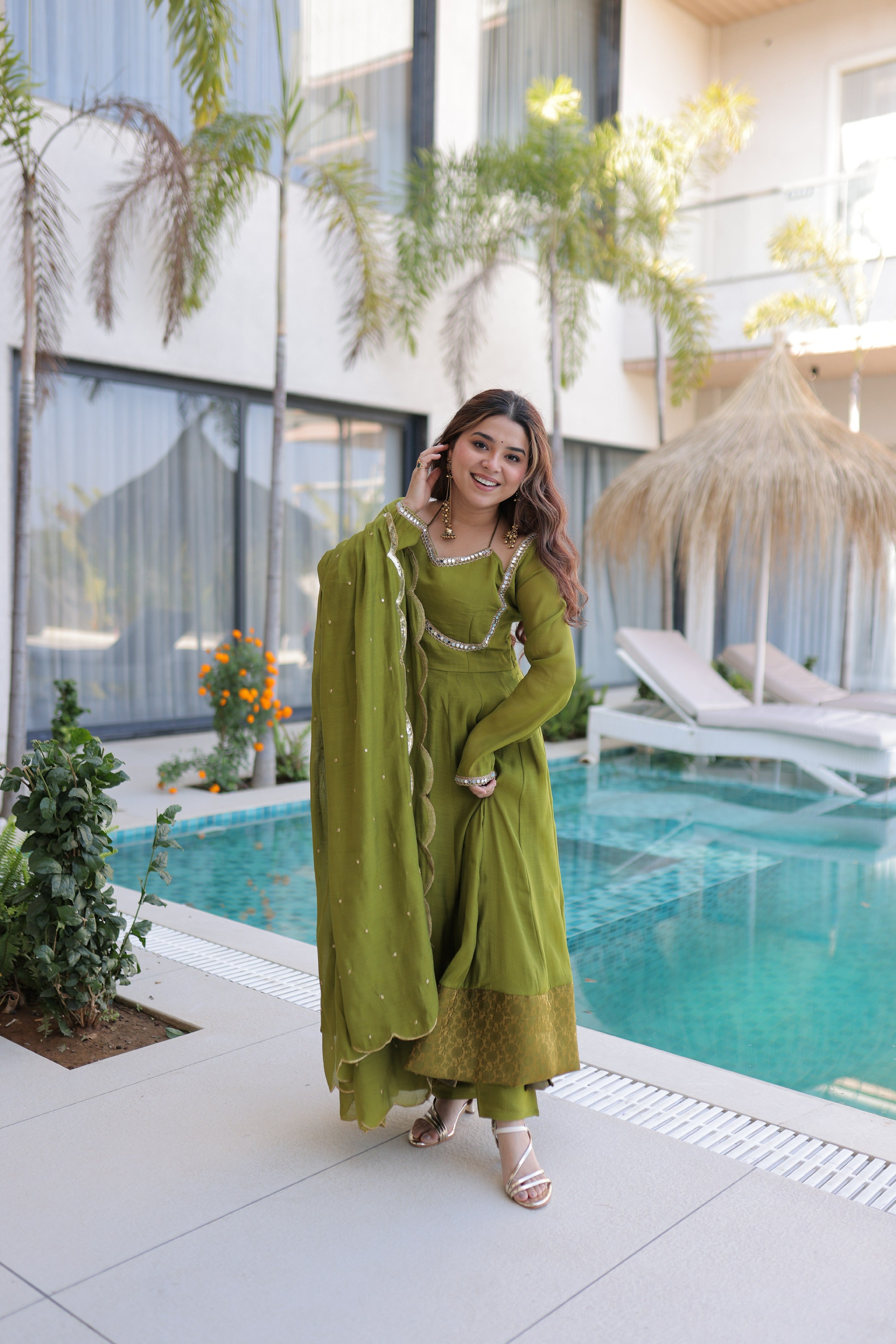 Chanderi Lace Work Mehendi Anarkali Suit With Pant