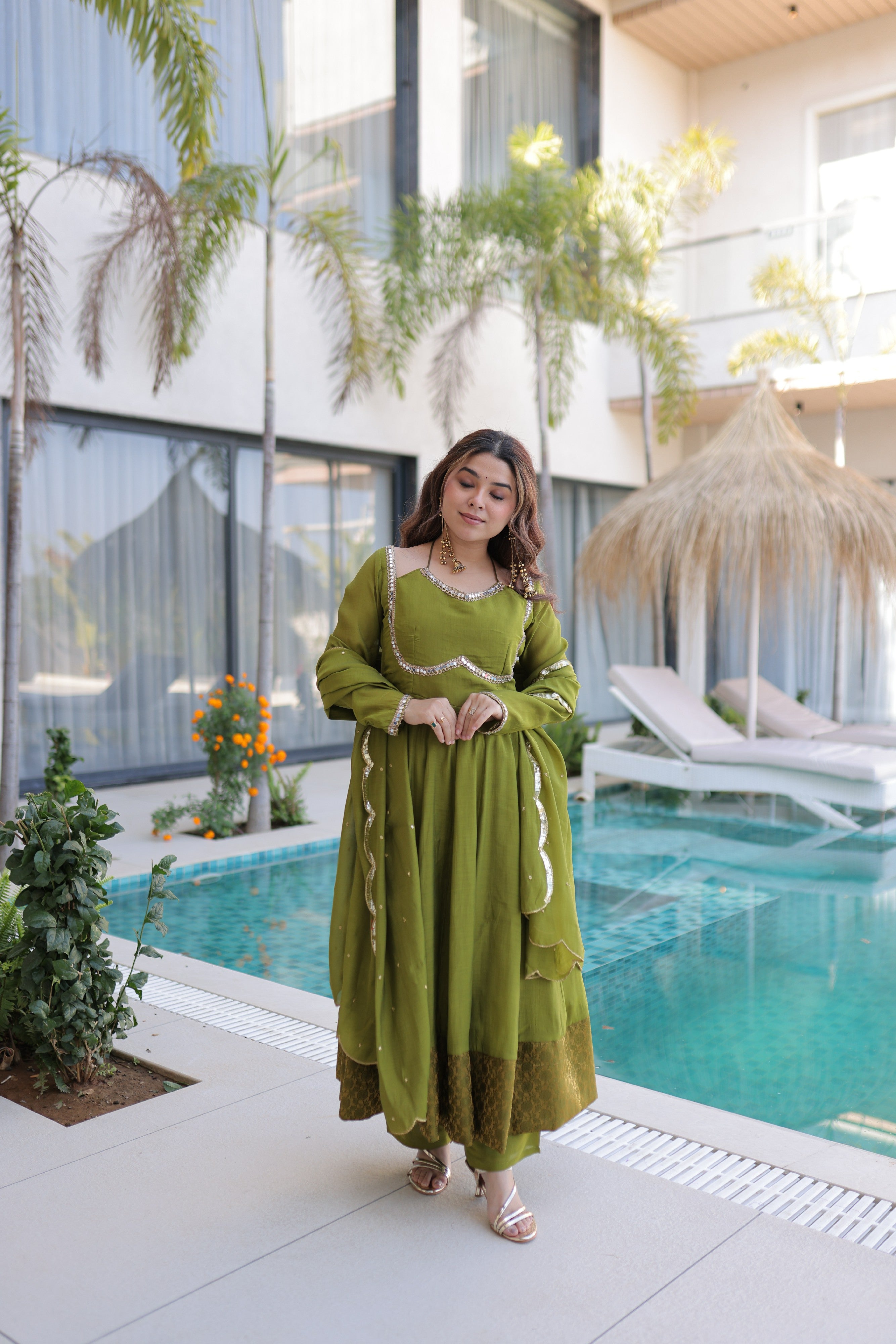 Chanderi Lace Work Mehendi Anarkali Suit With Pant