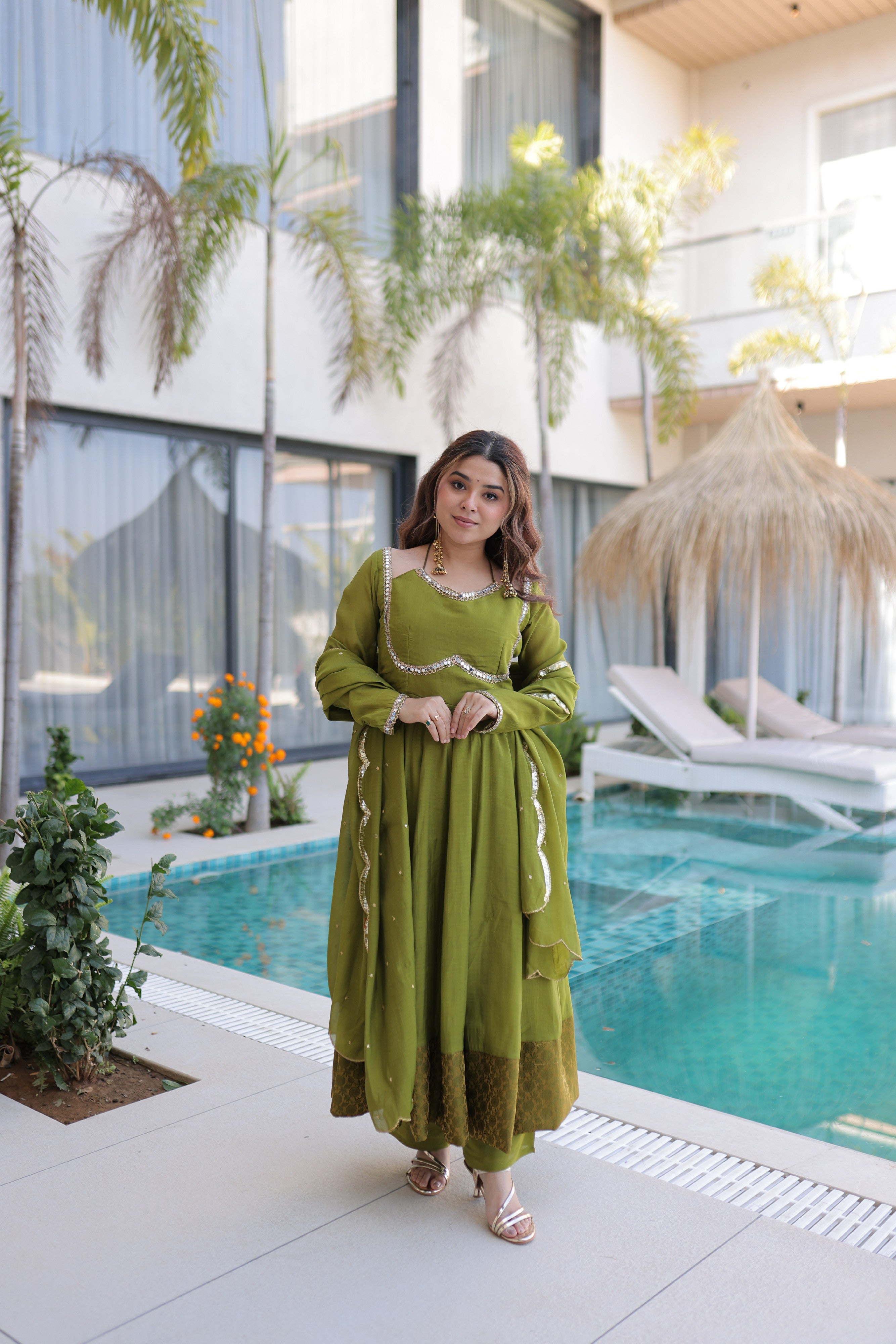 Chanderi Lace Work Mehendi Anarkali Suit With Pant