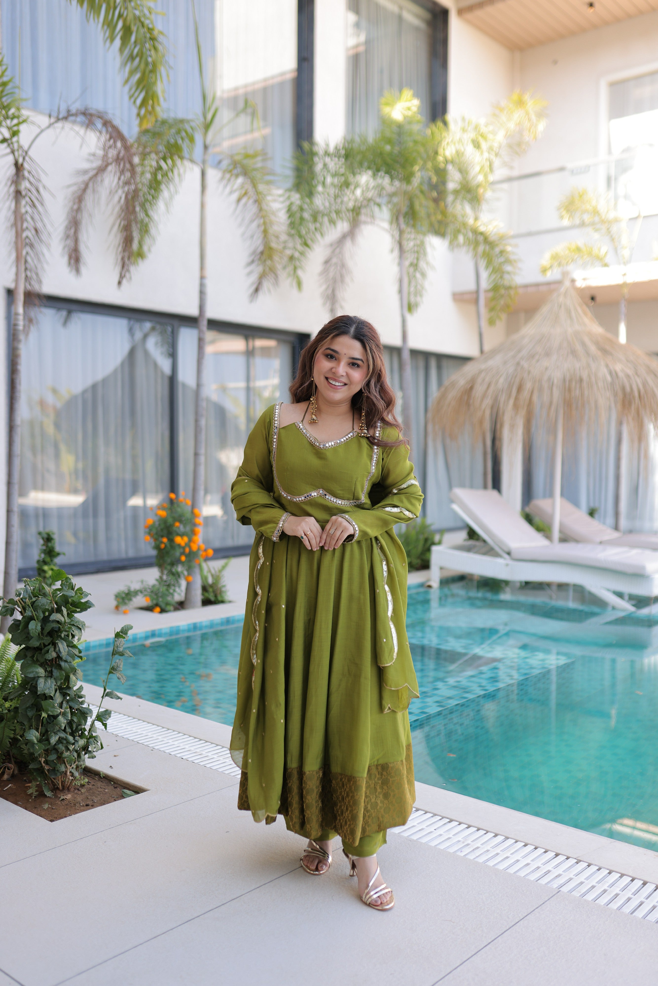 Chanderi Lace Work Mehendi Anarkali Suit With Pant