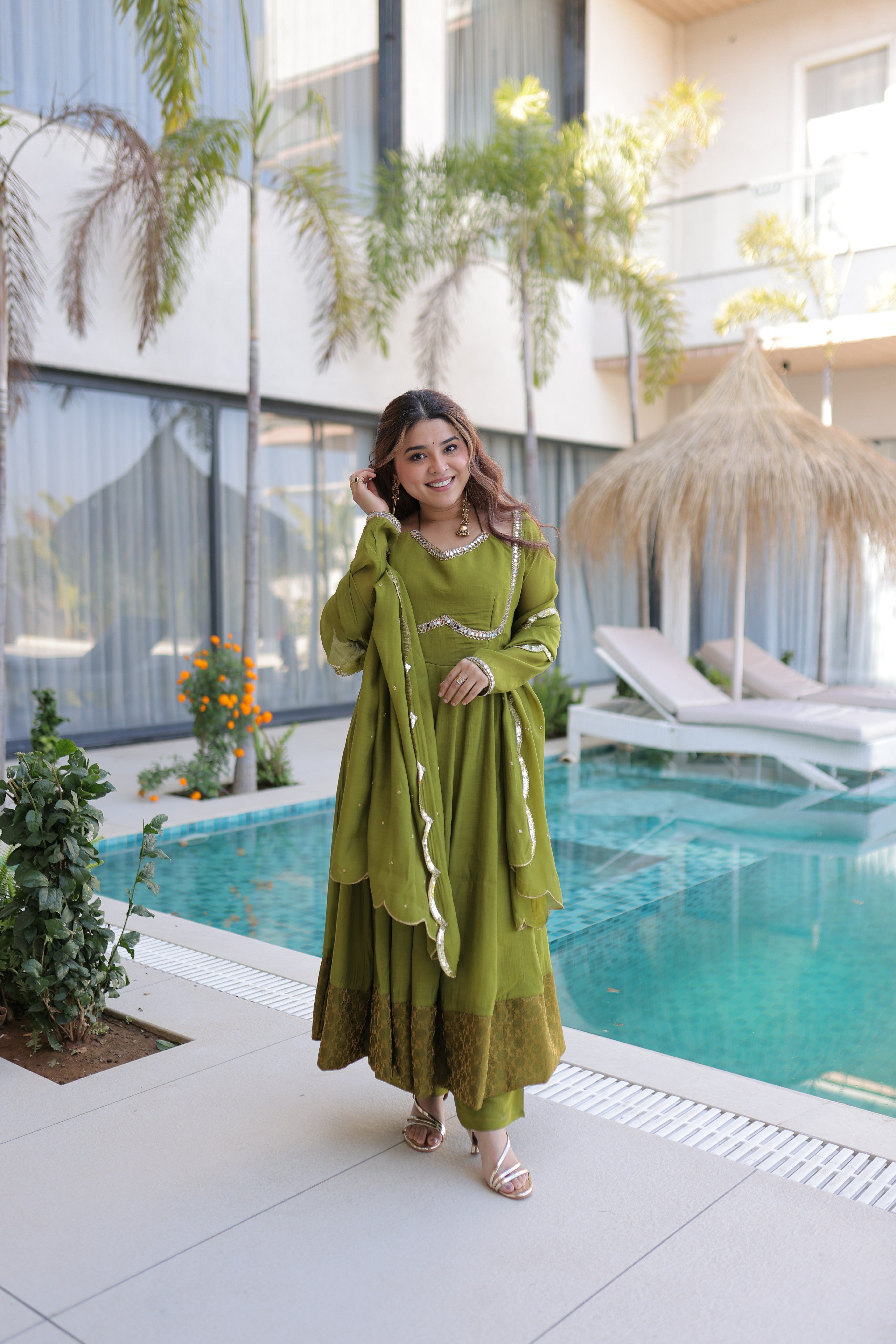 Chanderi Lace Work Mehendi Anarkali Suit With Pant