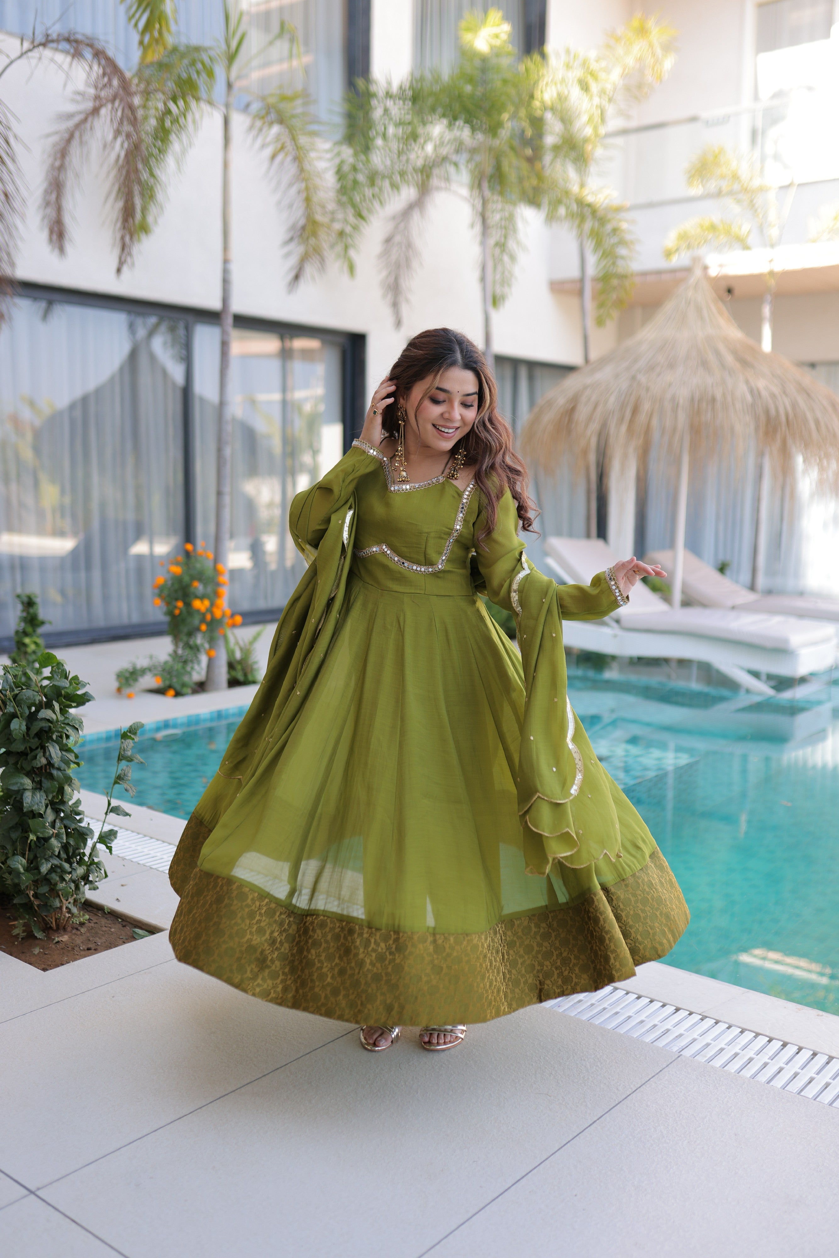 Chanderi Lace Work Mehendi Anarkali Suit With Pant